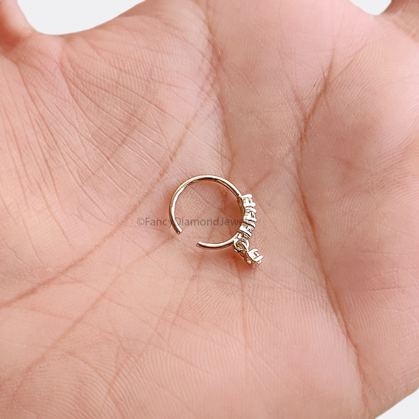 3 Diamond Gold Nose Ring With Diamond Dangling End Yellow Gold Nose Ring Gold Nose Ring Diamond Nose Stud Hoop FD486