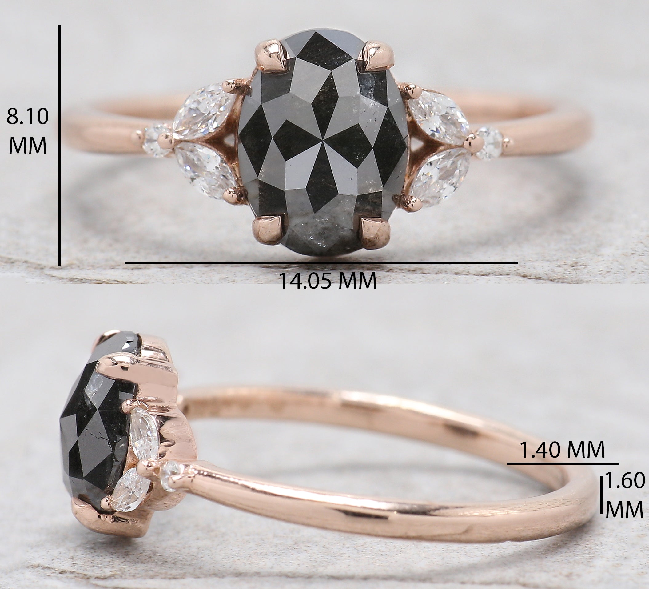 Oval Cut Salt And Pepper Diamond Ring 1.49 Ct 8.03 MM Oval Diamond Ring 14K Solid Rose Gold Silver Oval Engagement Ring Gift For Her QL2889