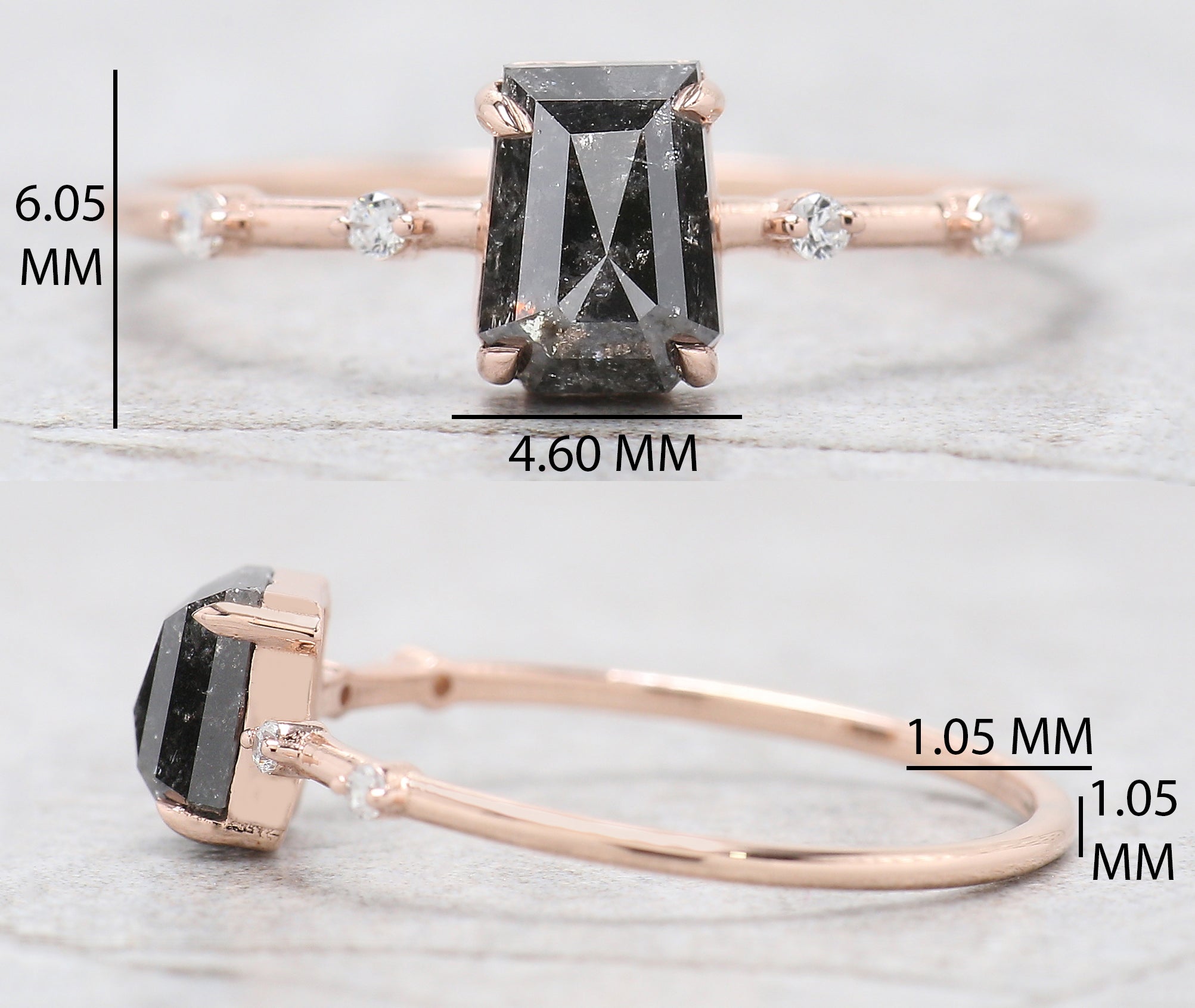 Coffin Cut Salt And Pepper Diamond Ring 0.87 Ct 6.00 MM Coffin Diamond Ring 14K Solid Rose Gold Silver Engagement Ring Gift For Her QN8841