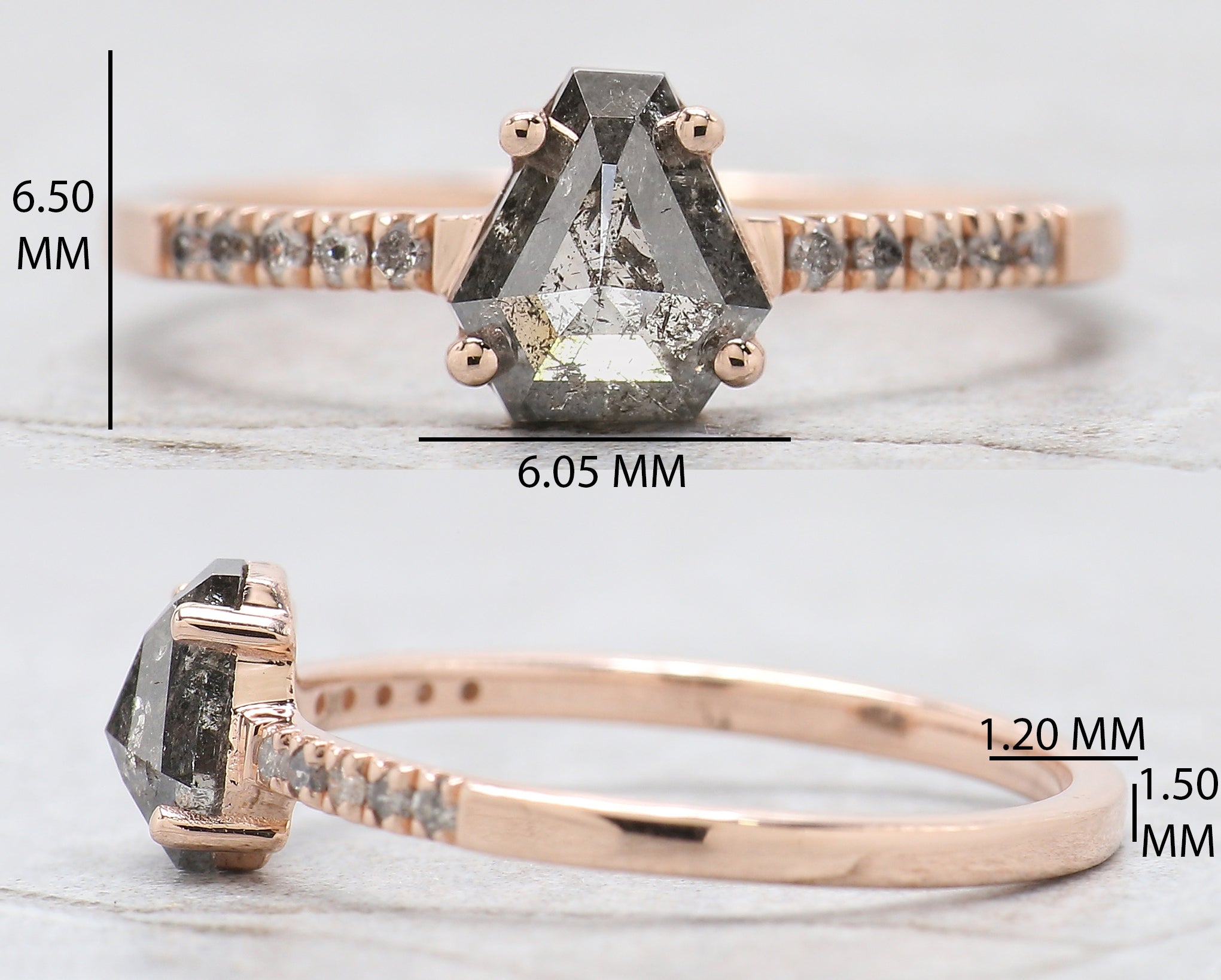 Coffin Cut Salt And Pepper Diamond Ring 0.87 Ct 6.40 MM Coffin Diamond Ring 14K Solid Rose Gold Silver Engagement Ring Gift For Her QL7838
