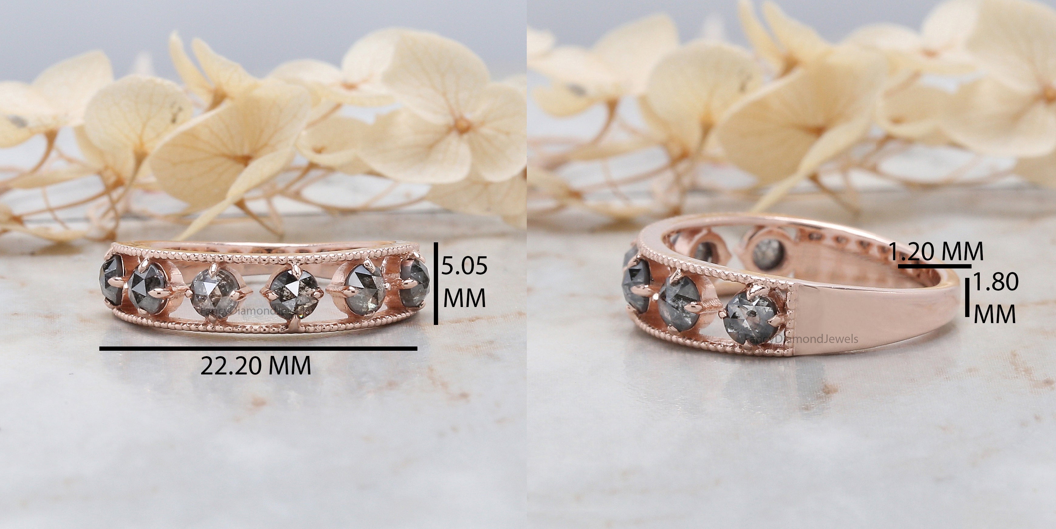 Round Rose Cut Salt And Pepper Diamond Ring 0.92 Ct 3.10 MM Round Diamond Ring 14K Rose Gold Silver Engagement Ring Gift For Her KD1224