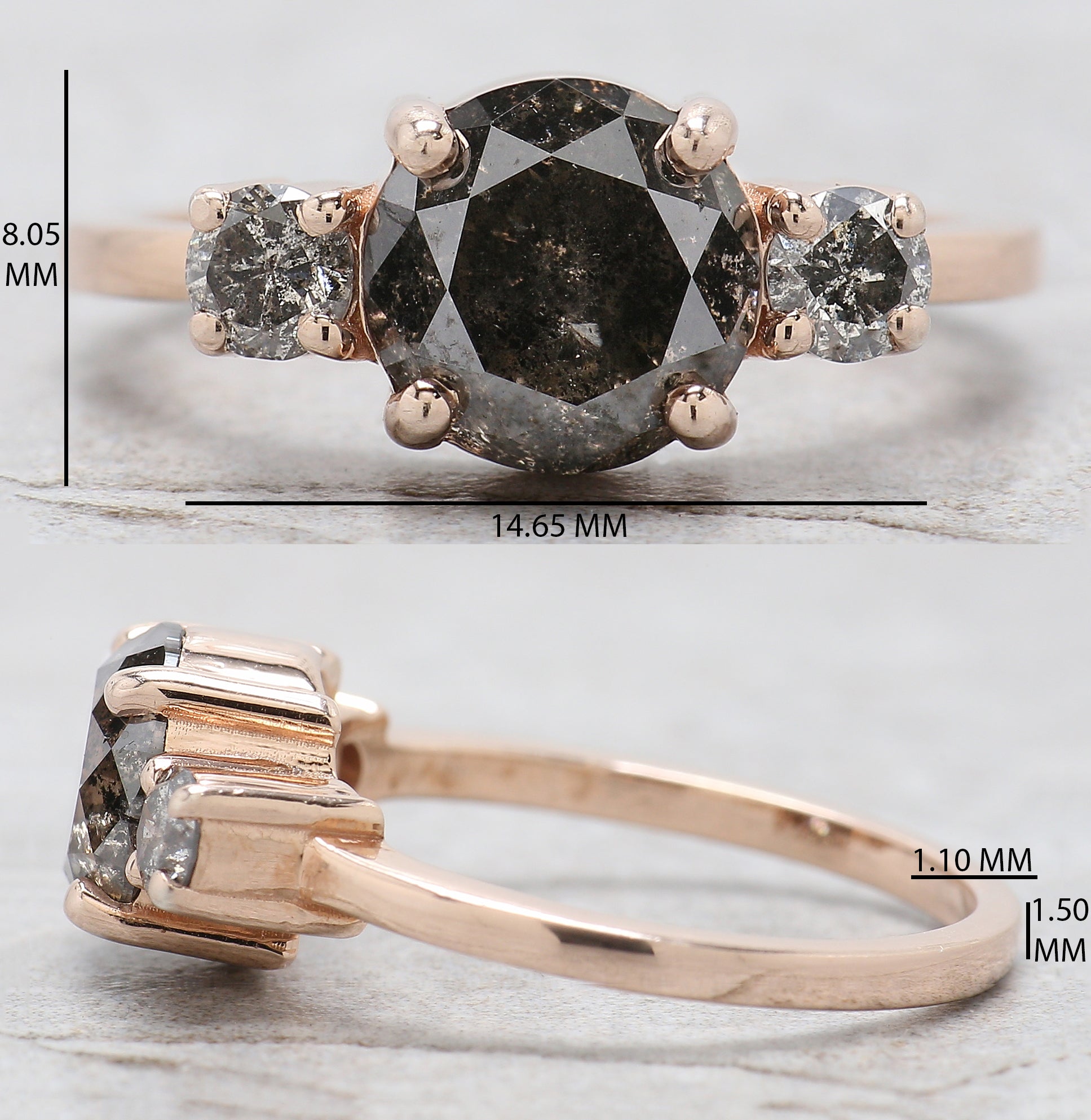 Round Cut Salt And Pepper Diamond Ring 2.05 Ct 7.85 MM Round Diamond Ring 14K Solid Rose Gold Silver Engagement Ring Gift For Her QL9209