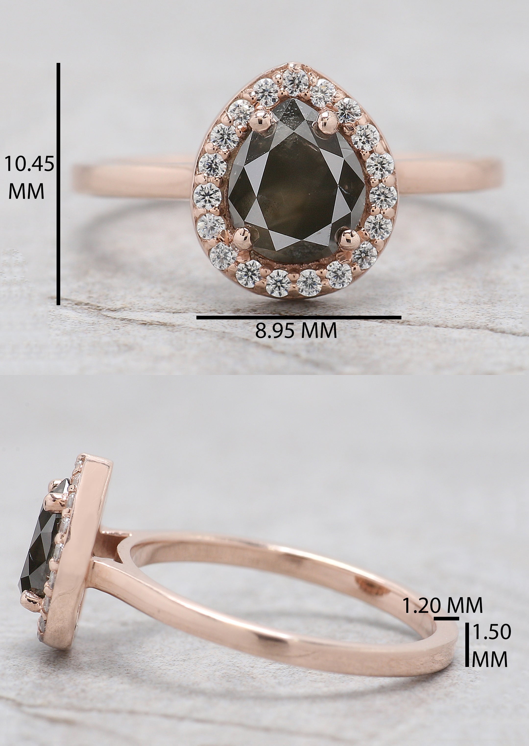 Pear Cut Salt And Pepper Diamond Ring 1.18 Ct 7.00 MM Pear Diamond Ring 14K Solid Rose Gold Silver Pear Engagement Ring Gift For Her QL1653