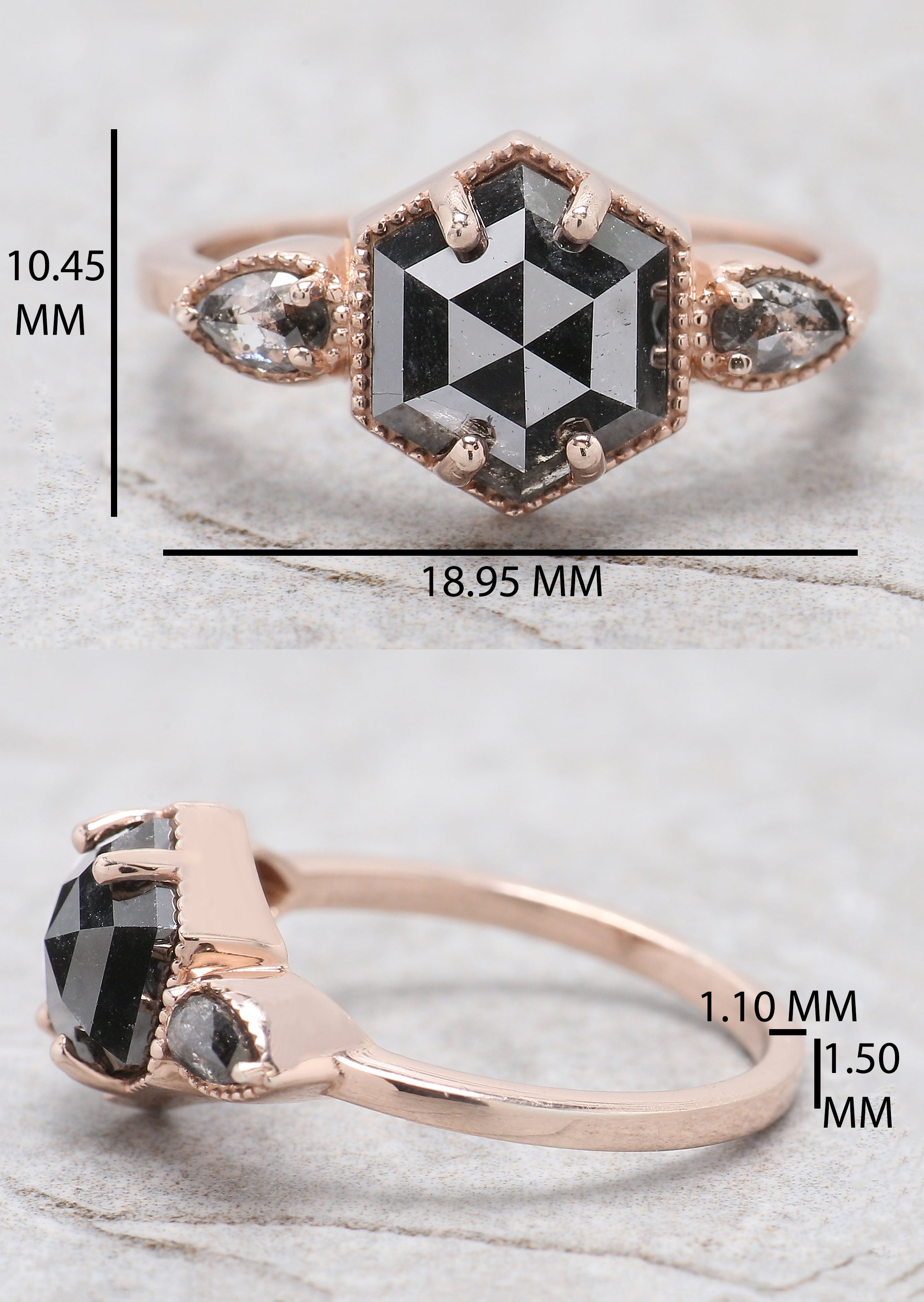 2.45 Ct Natural Hexagon Salt And Pepper Diamond Ring 9.25 MM Hexagon Shape Diamond Ring 14K Solid Rose Gold Silver Engagement Ring QL1092