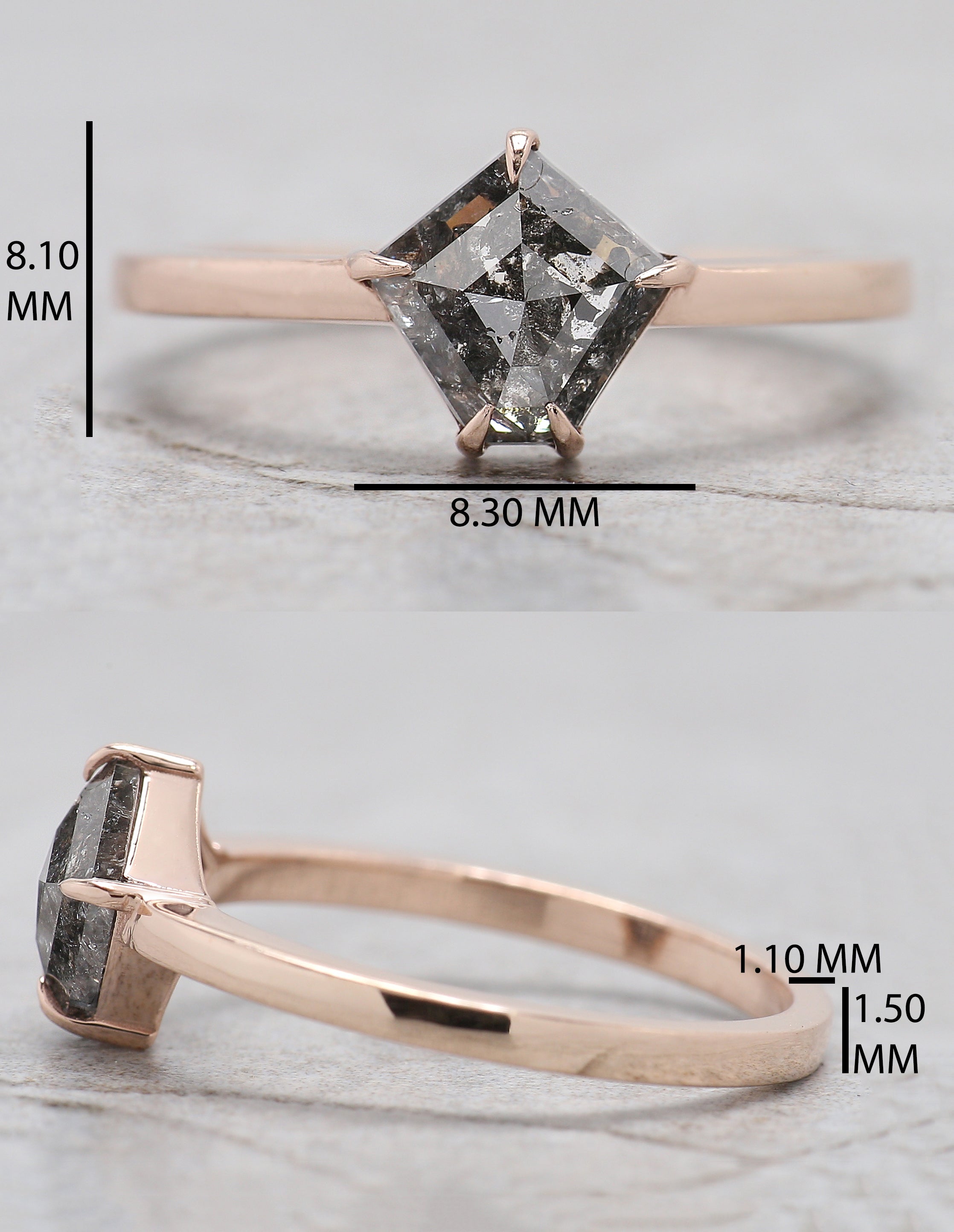 Pentagon Cut Salt And Pepper Diamond Ring 1.10 Ct 7.45 MM Pentagon Diamond Ring 14K Rose Gold Silver Engagement Ring Gift For Her QL601
