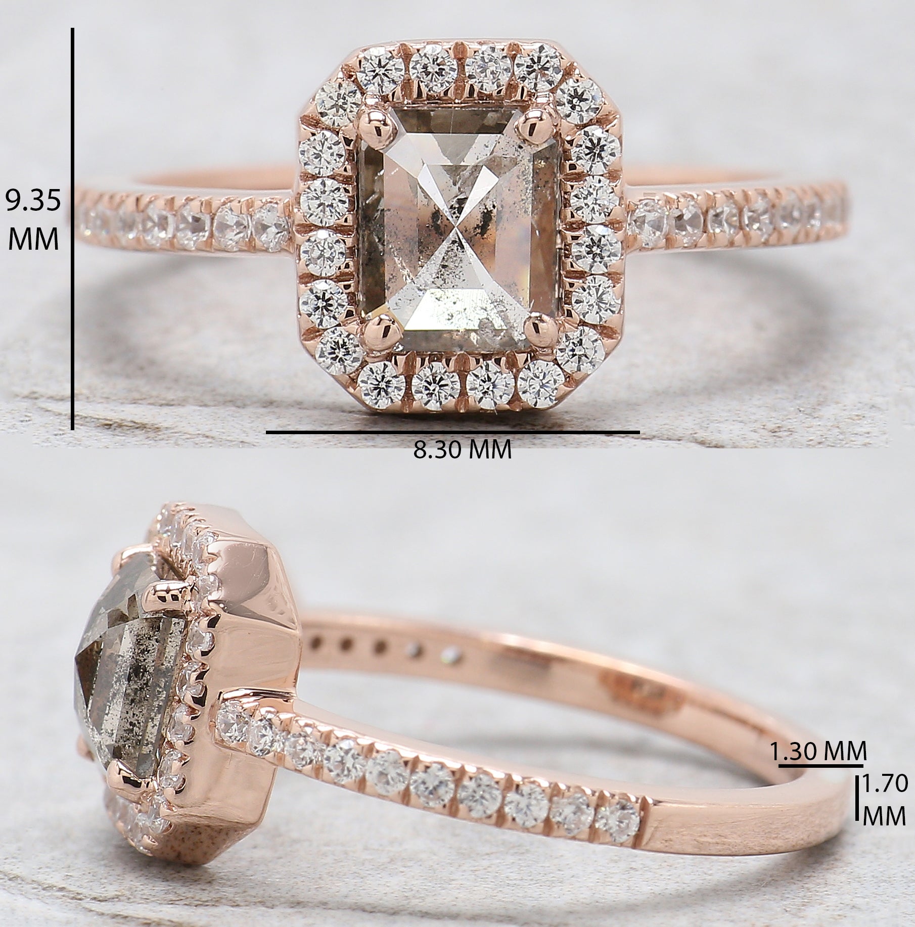 Emerald Cut Salt And Pepper Diamond Ring 0.86 Ct 6.10 MM Emerald Diamond Ring 14K Solid Rose Gold Silver Engagement Ring Gift For Her QL9563