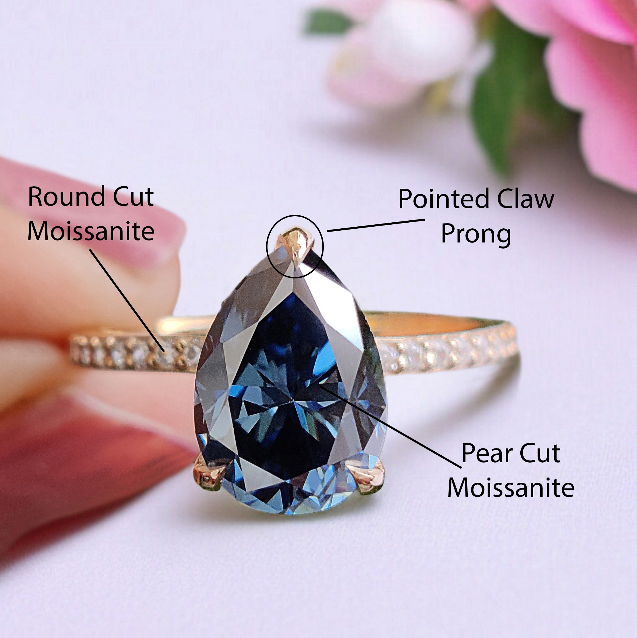 Pear Royal Blue Moissanite Ring Hidden Halo Engagement Ring 2.15 TW Pear Shaped Moissanite Best Proposal Ring Anniversary Gift Ring FD464