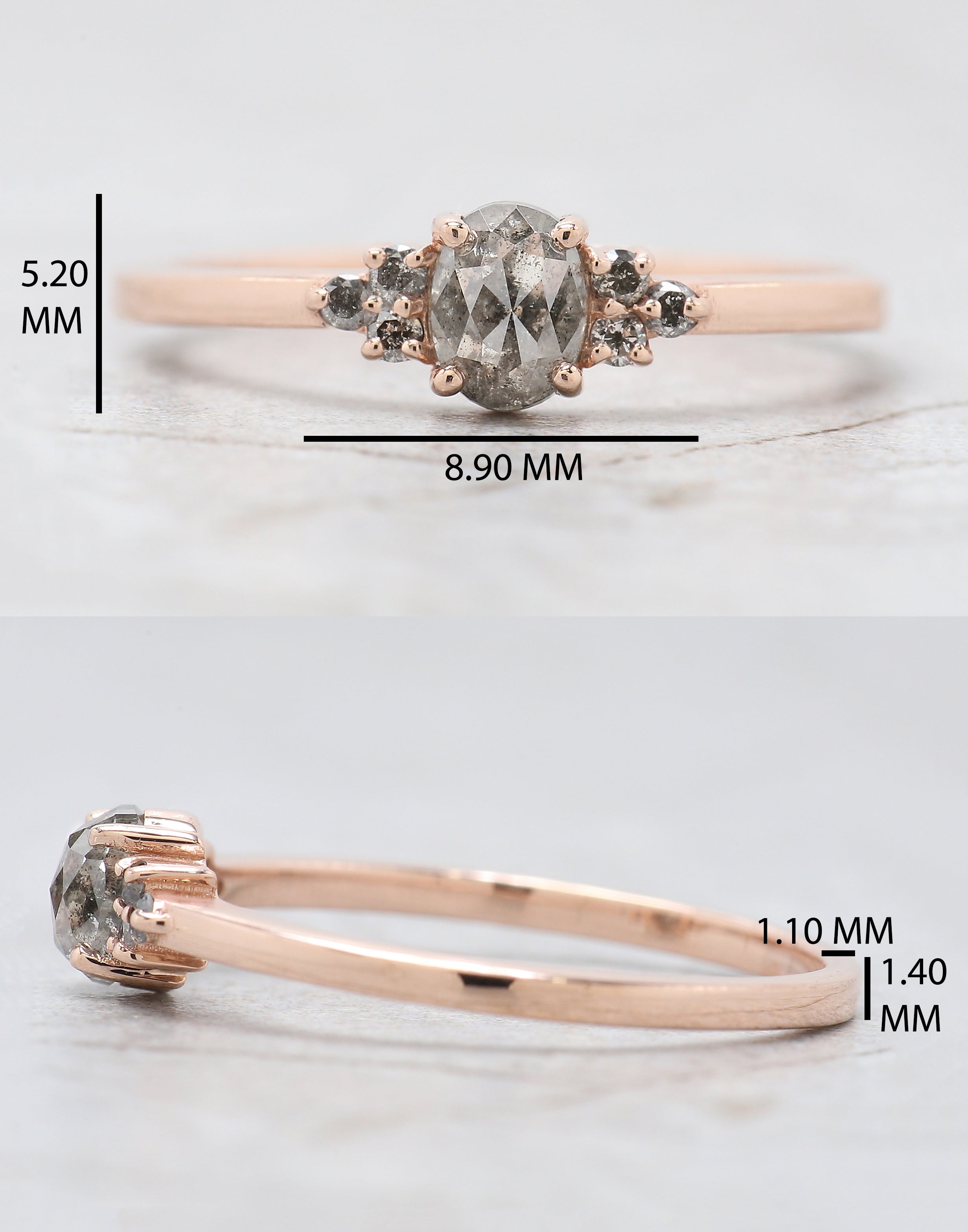 0.46 Ct Natural Oval Shape Salt And Pepper Diamond Ring 5.10 MM Oval Shape Diamond Ring 14K Solid Rose Gold Silver Engagement Ring QL383