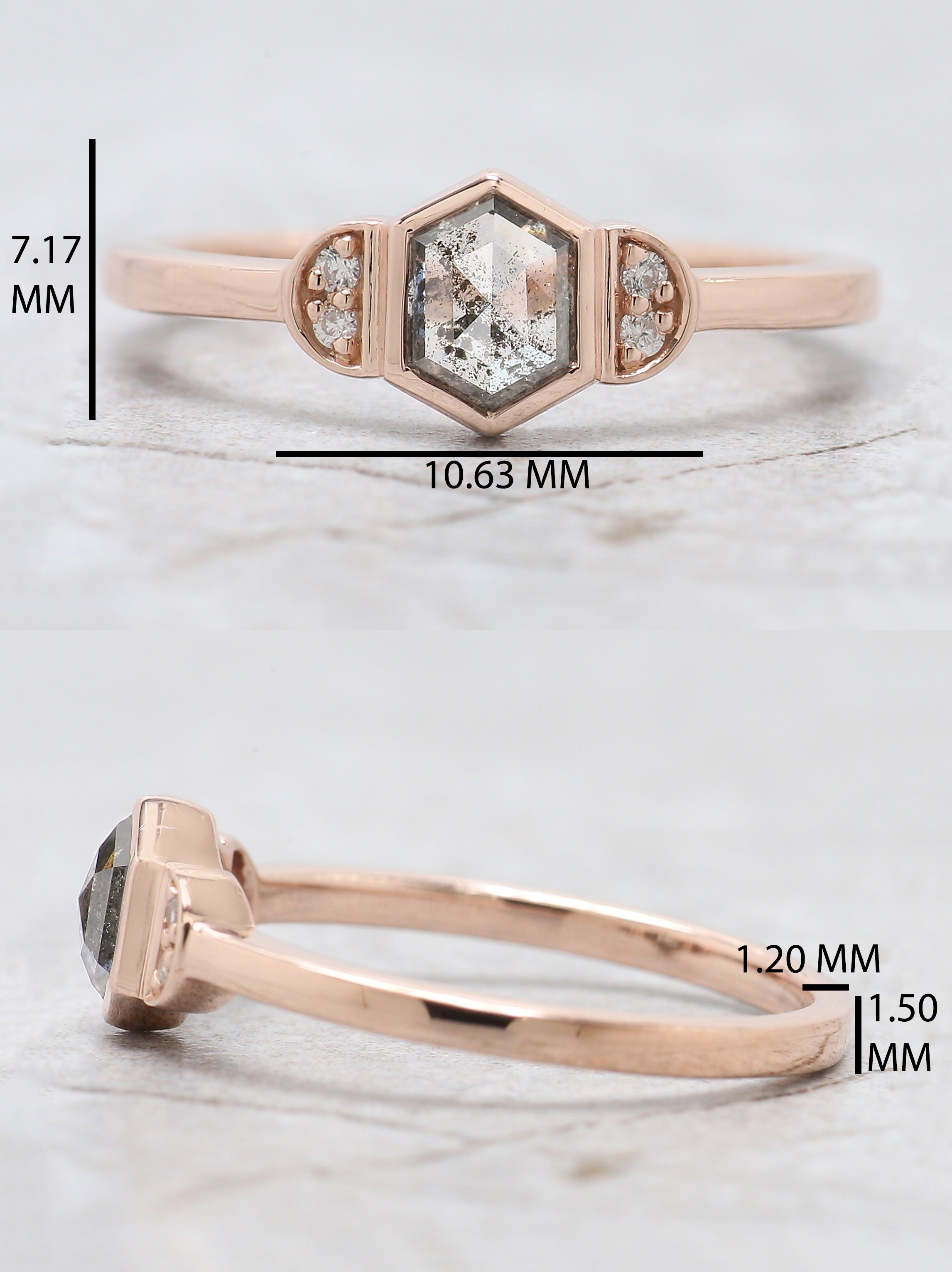 Hexagon Cut Salt And Pepper Diamond Ring 0.58 Ct 5.70 MM Hexagon Diamond Ring 14K Solid Rose Gold Silver Engagement Ring Gift For Her QN1564