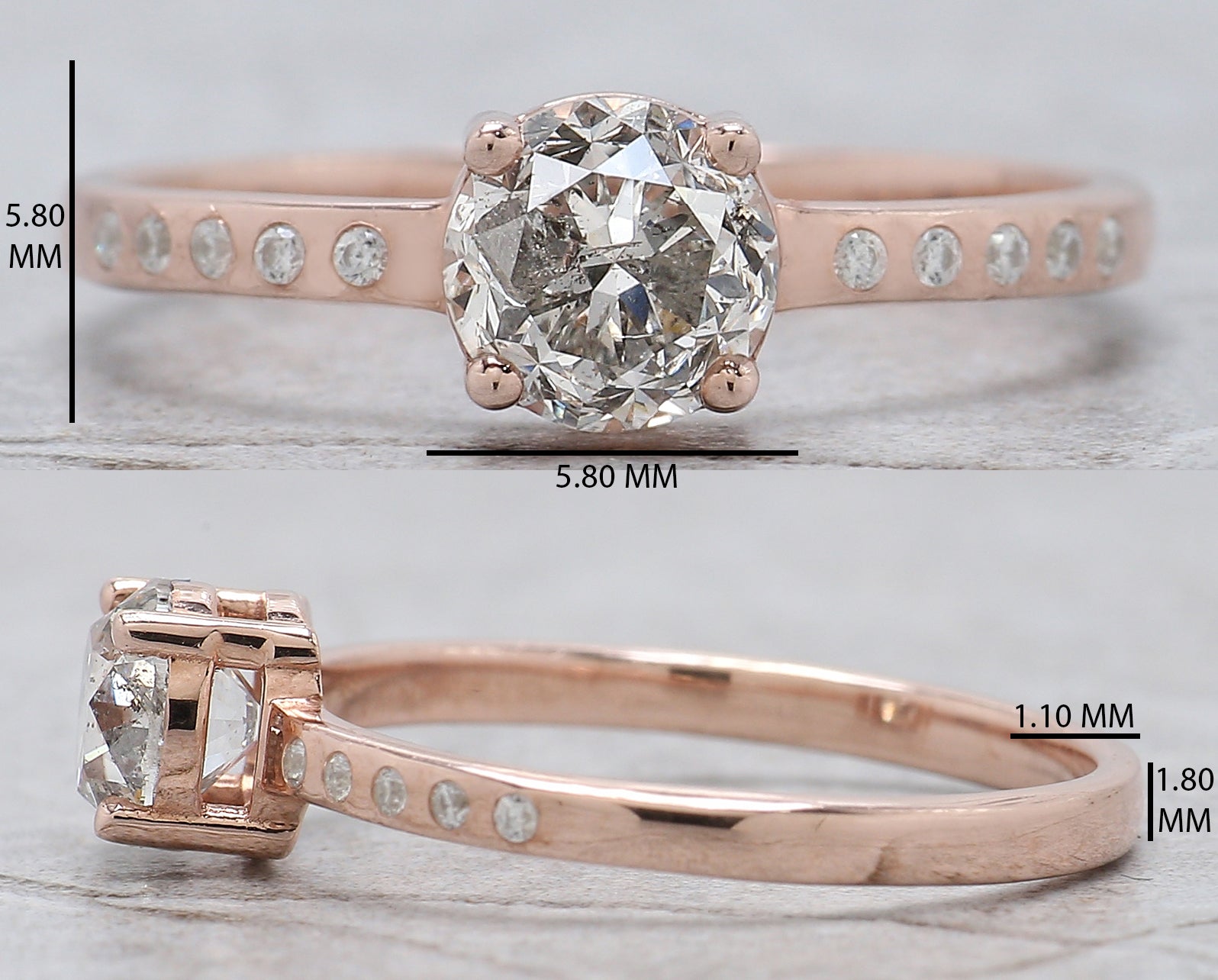 Round Cut Salt And Pepper Diamond Ring 0.84 Ct 5.61 MM Round Diamond Ring 14K Solid Rose Gold Silver Engagement Ring Gift For Her QL2657