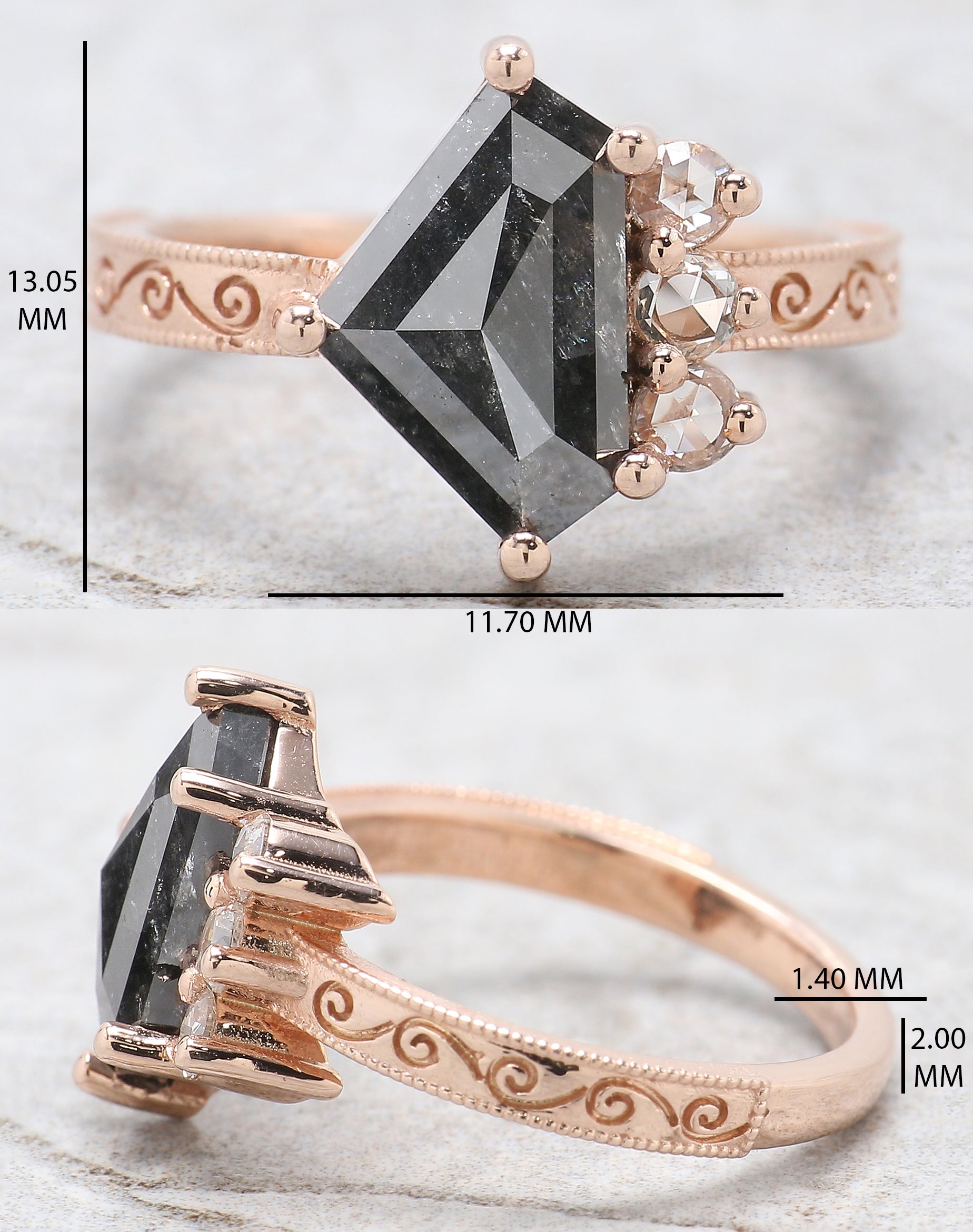 Shield Cut Salt And Pepper Diamond Ring 2.85 Ct 7.80 MM Shield Diamond Ring 14K Solid Rose Gold Silver Engagement Ring Gift For Her QL8767