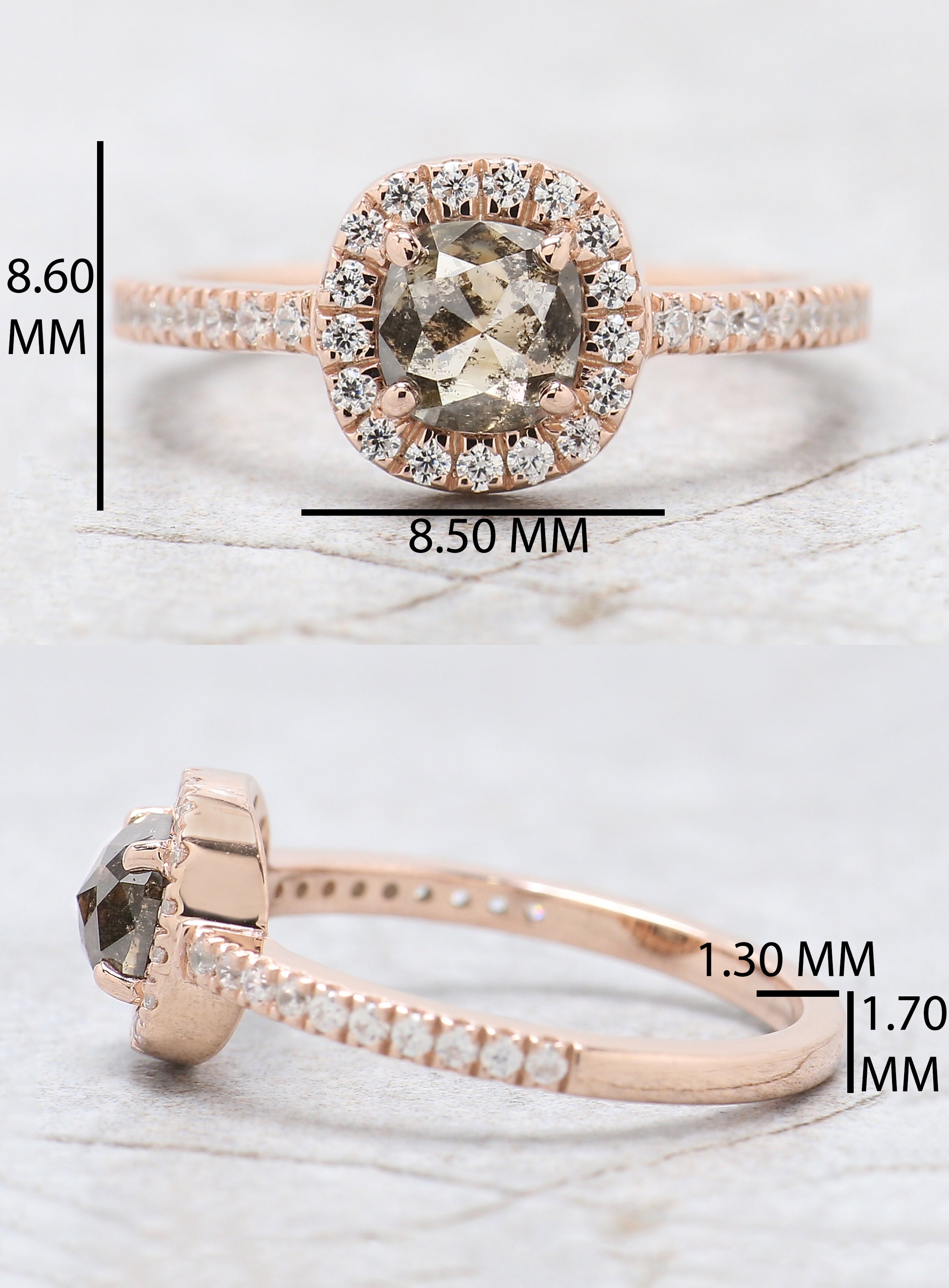 0.85 Ct Natural Cushion Cut Salt And Pepper Diamond Ring 5.35 MM Cushion Shape Diamond Ring 14K Solid Rose Gold Silver Engagement Ring QN709