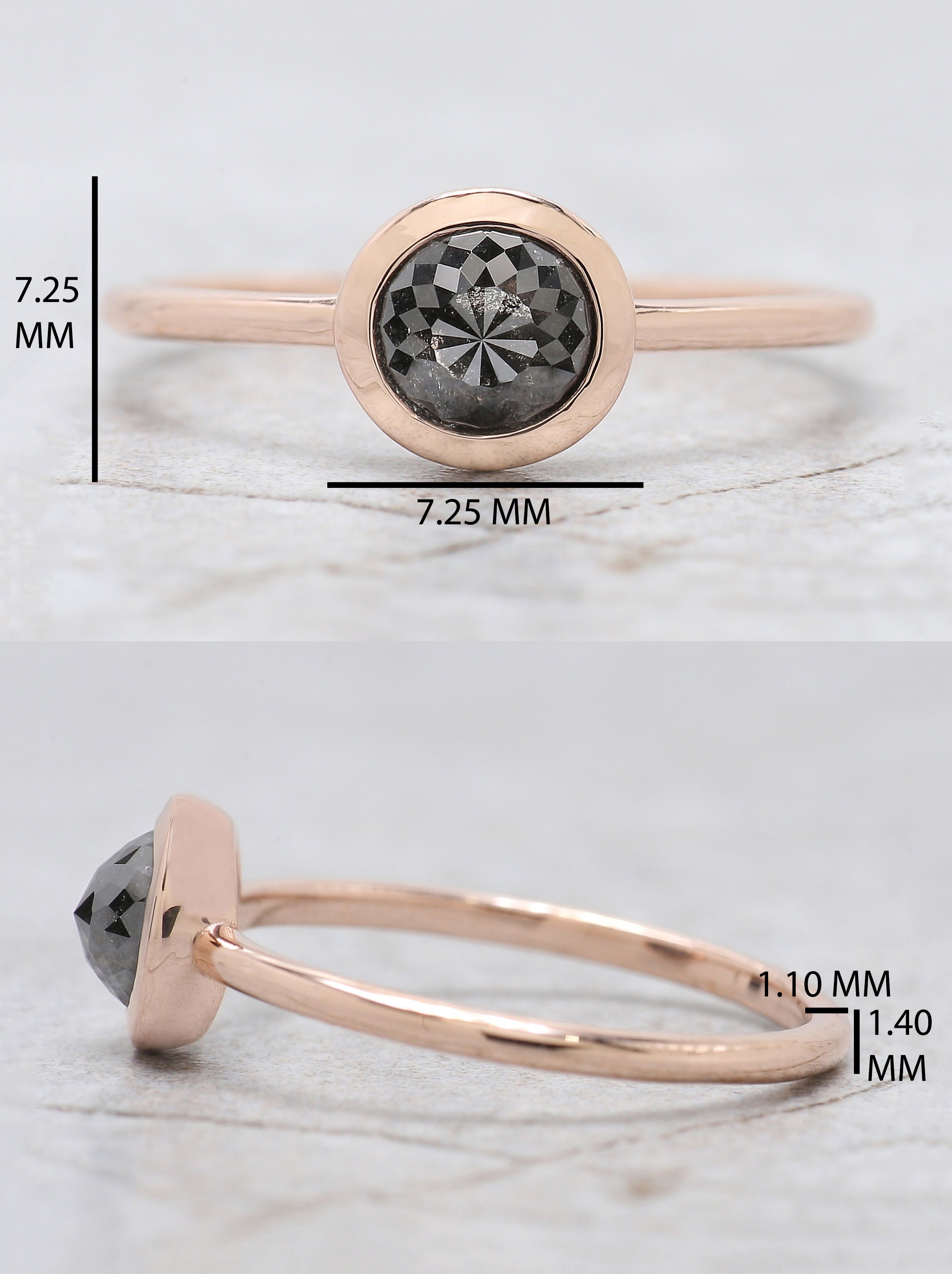 Round Rose Cut Salt And Pepper Diamond Ring 0.90 Ct 5.60 MM Round Shape Diamond Ring 14K Rose Gold Silver Engagement Ring Gift For Her QN8896
