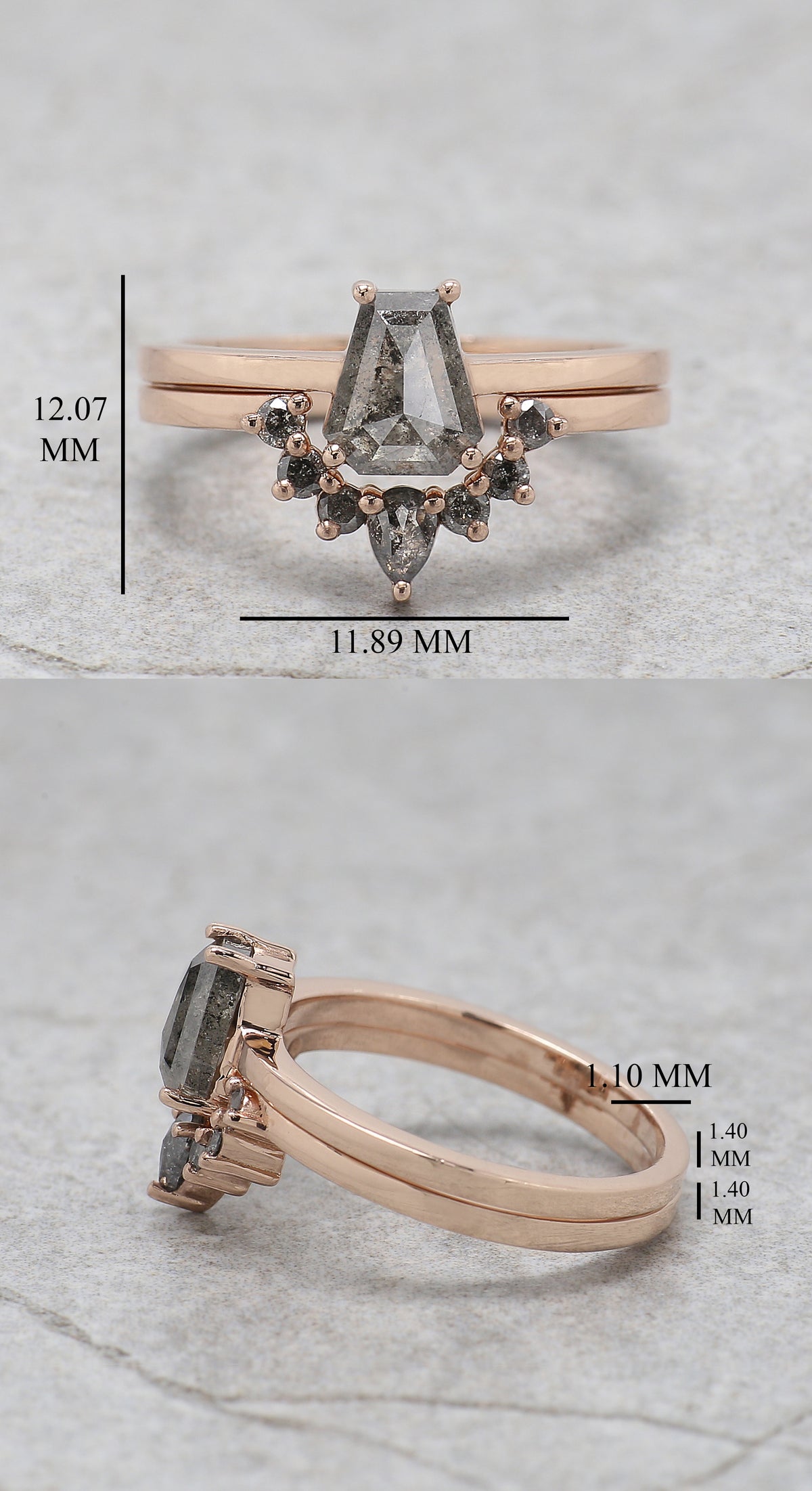 Coffin Shape Salt and Pepper Diamond Ring, 14K Rose Gold Coffin Engagement Ring, Bridal Ring Set, Unique Diamond Ring Gift for Her KDL3677