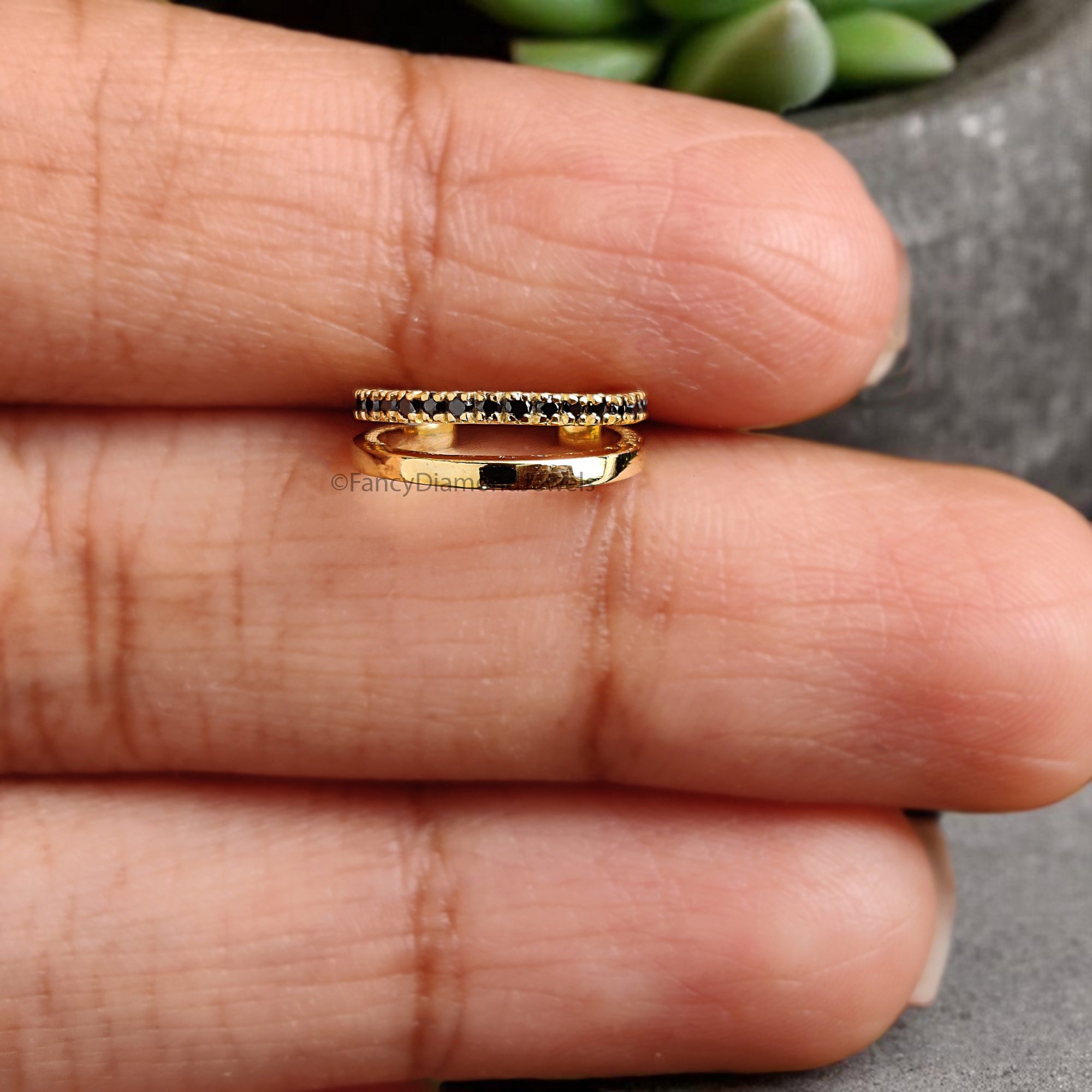 Round Brilliant Cut Black Color Diamond Ear Cuff Double Band Ear Cuff Dainty Ear Cuff Black Diamond Simulant Cuff Yellow Gold Ear Wrap FD354