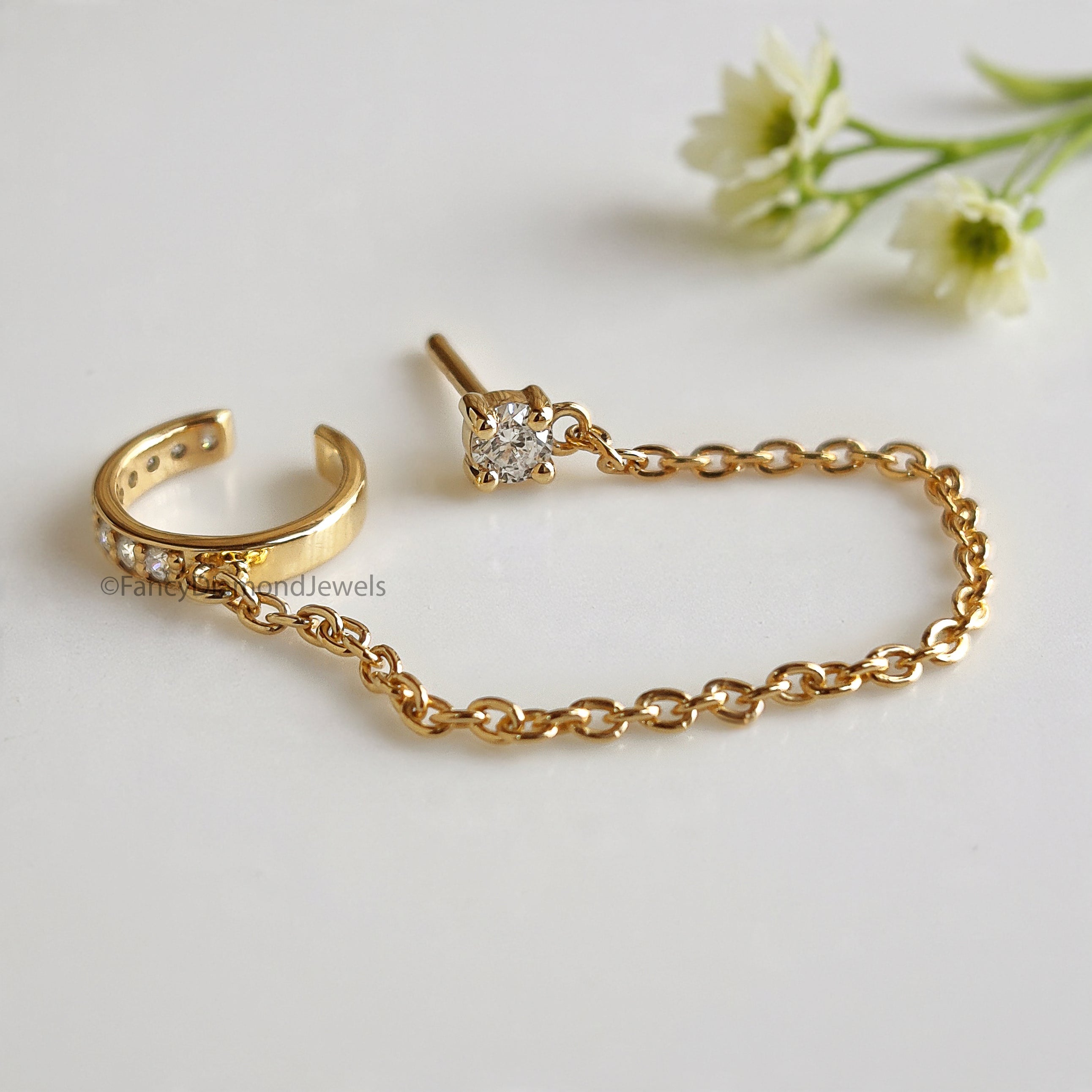 Minimalist Pave Ear Cuff Chain Earrings Round Diamond Stud Dangle Earrings in Gold and Sterling Silver Trendy Ear Cuff Chain Earrings FD533