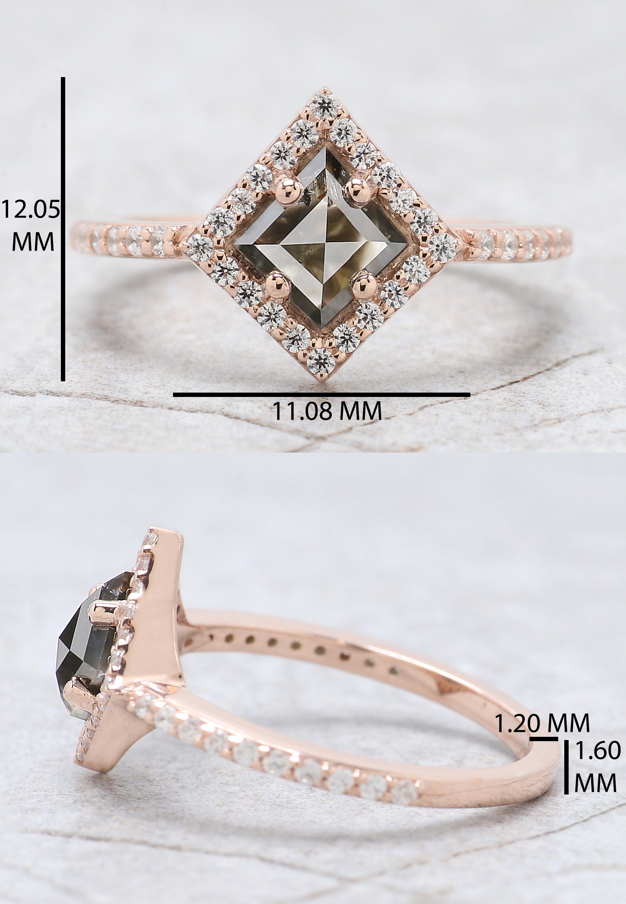 Kite Cut Salt And Pepper Diamond Ring 1.07 Ct 7.55 MM Kite Diamond Ring 14K Solid Rose Gold Silver Kite Engagement Ring Gift For Her QN9625