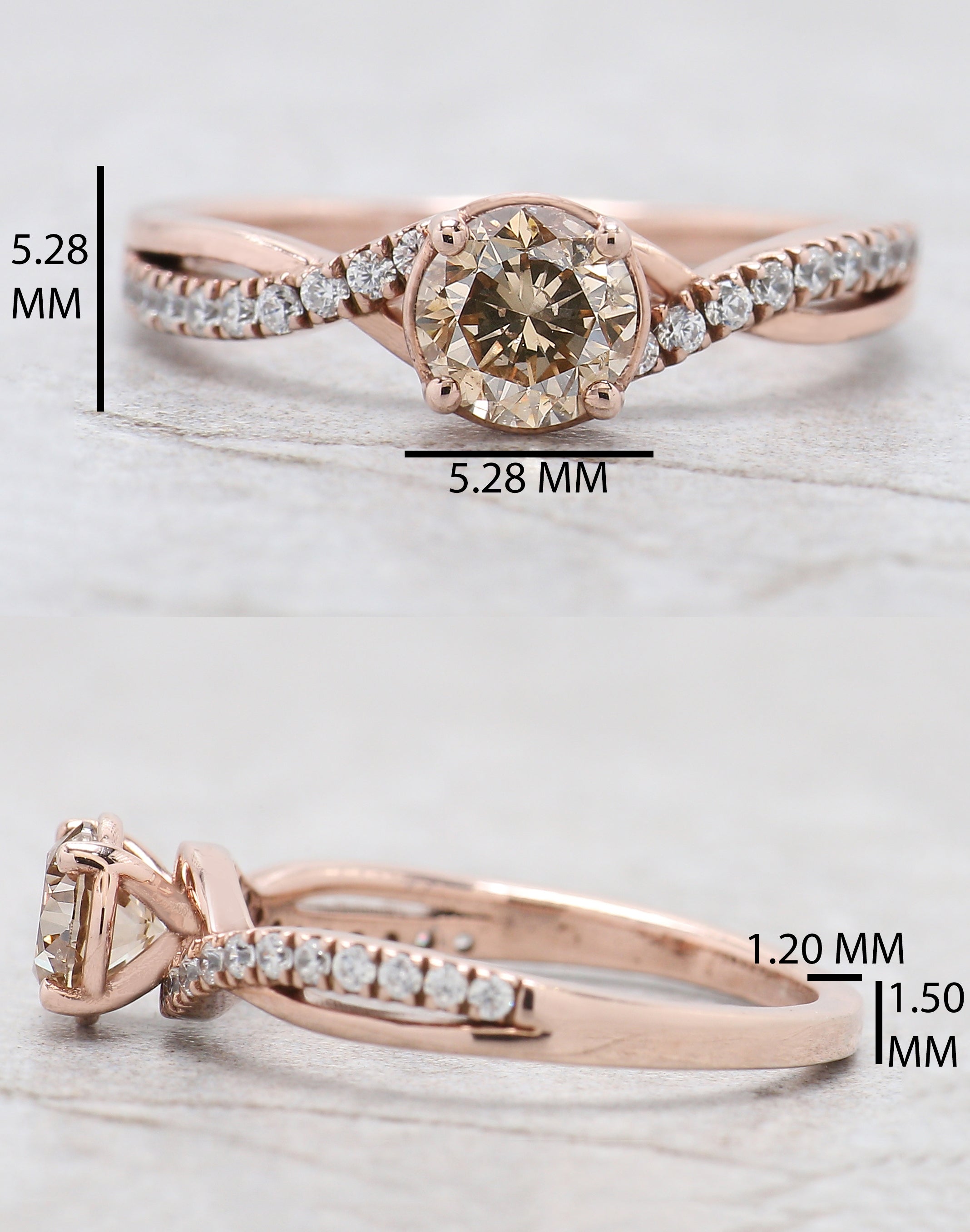 Round Shape Brown Color Diamond Ring 0.62 Ct 5.20 MM Round Cut Diamond Ring 14K Solid Rose Gold Silver Engagement Ring Gift For Her QL628