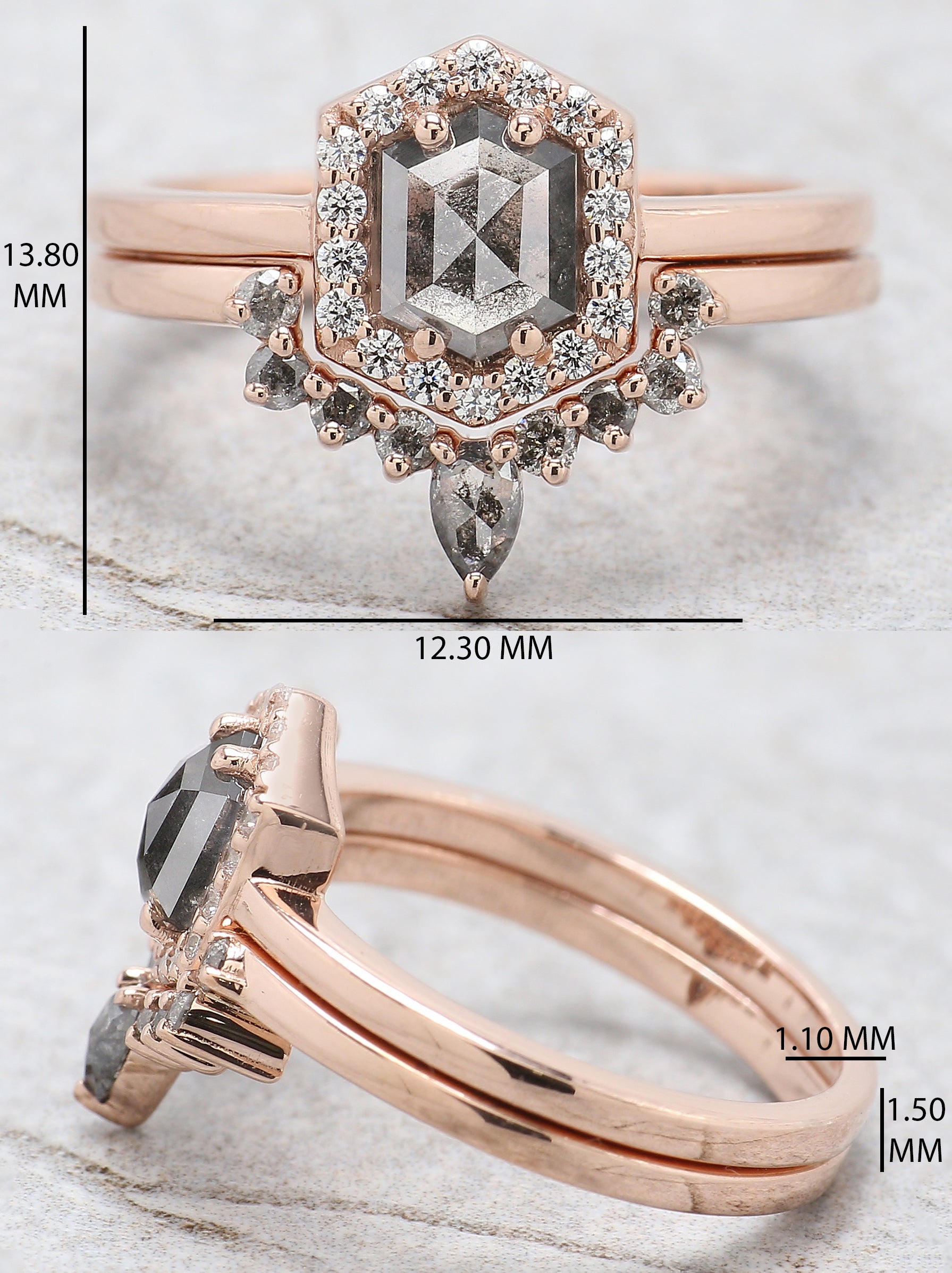 Hexagon Salt And Pepper Diamond Ring 0.80 Ct 6.30 MM Hexagon Cut Diamond Ring 14K Solid Rose Gold Silver Engagement Ring Gift For Her QL637
