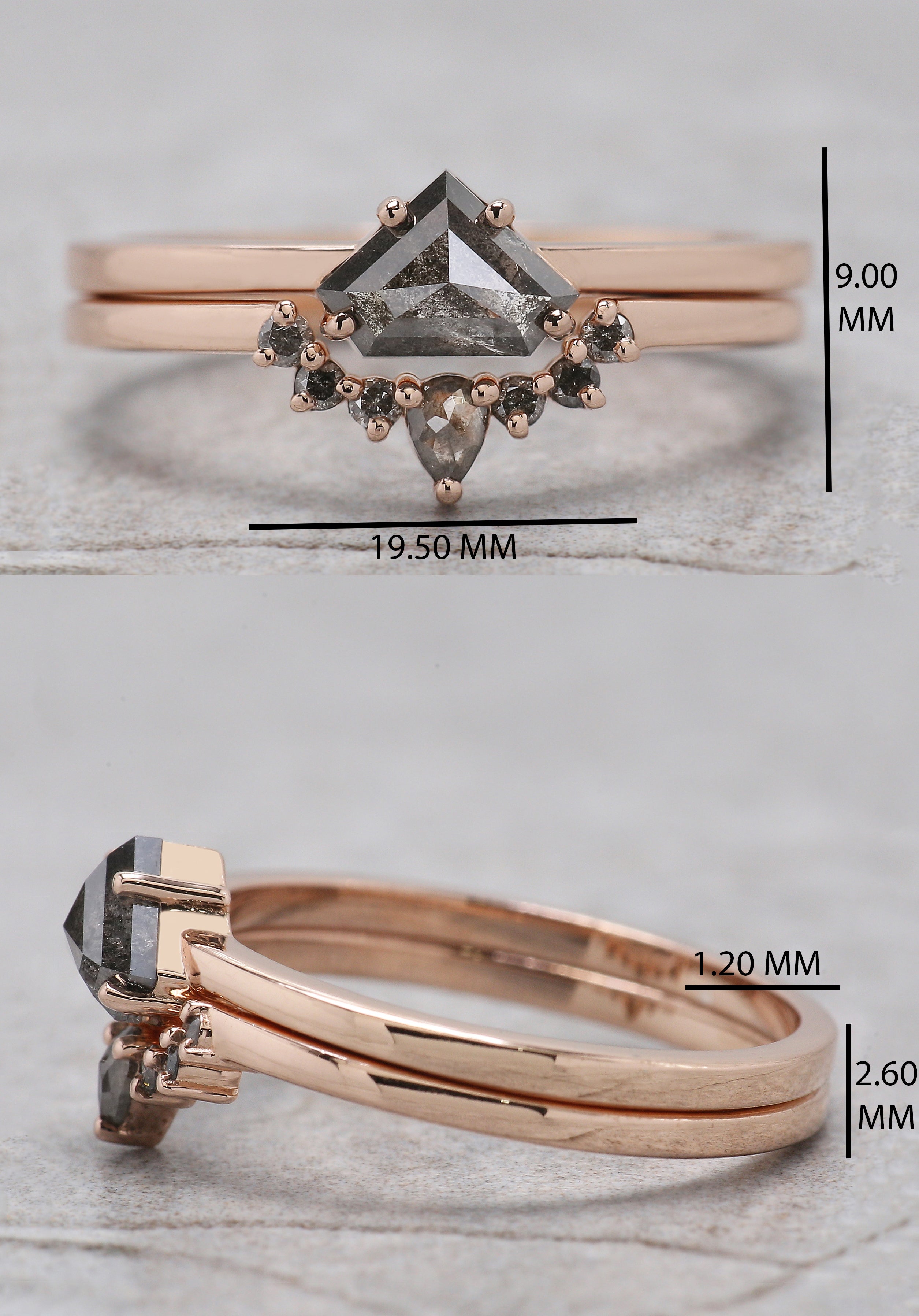 Shield Salt And Pepper Diamond Ring 0.61 CT 4.80 MM Shield Diamond Wedding Ring Set Rose Gold Silver Engagement Ring Gift For Her KDN1551
