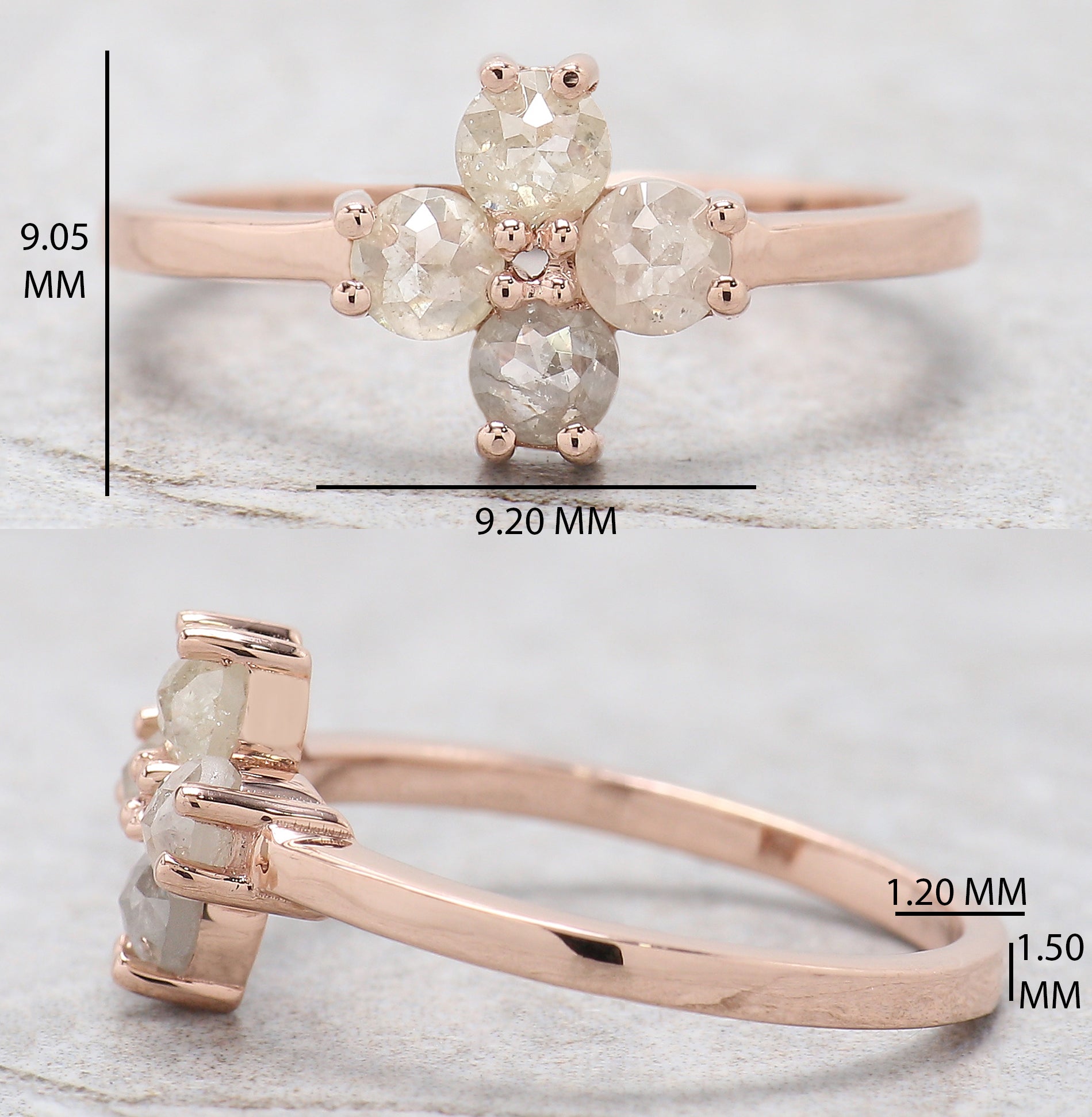 Round Rose Cut Salt And Pepper Diamond Ring 0.94 Ct 3.50 MM Round Diamond Ring 14K Rose Gold Silver Engagement Ring Gift For Her QK1036