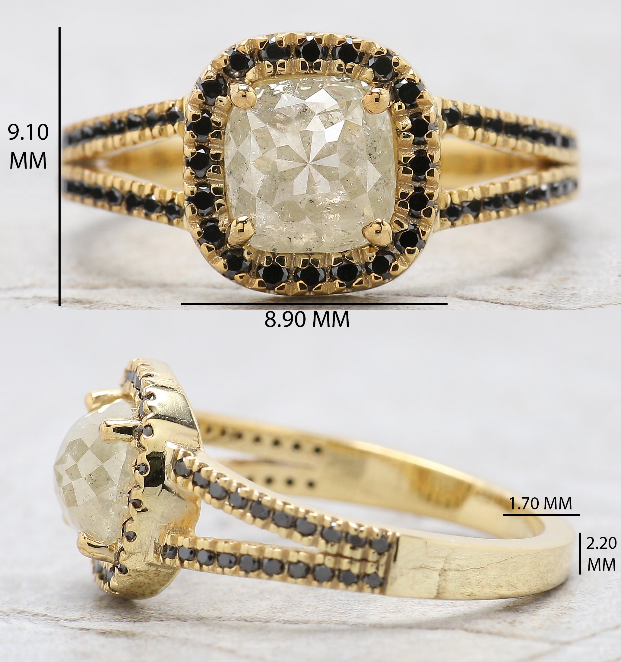 Cushion Cut Salt And Pepper Diamond Ring 1.44 Ct 6.40 MM Cushion Diamond Ring 14K Yellow Gold Silver Engagement Ring Gift For Her QL6437