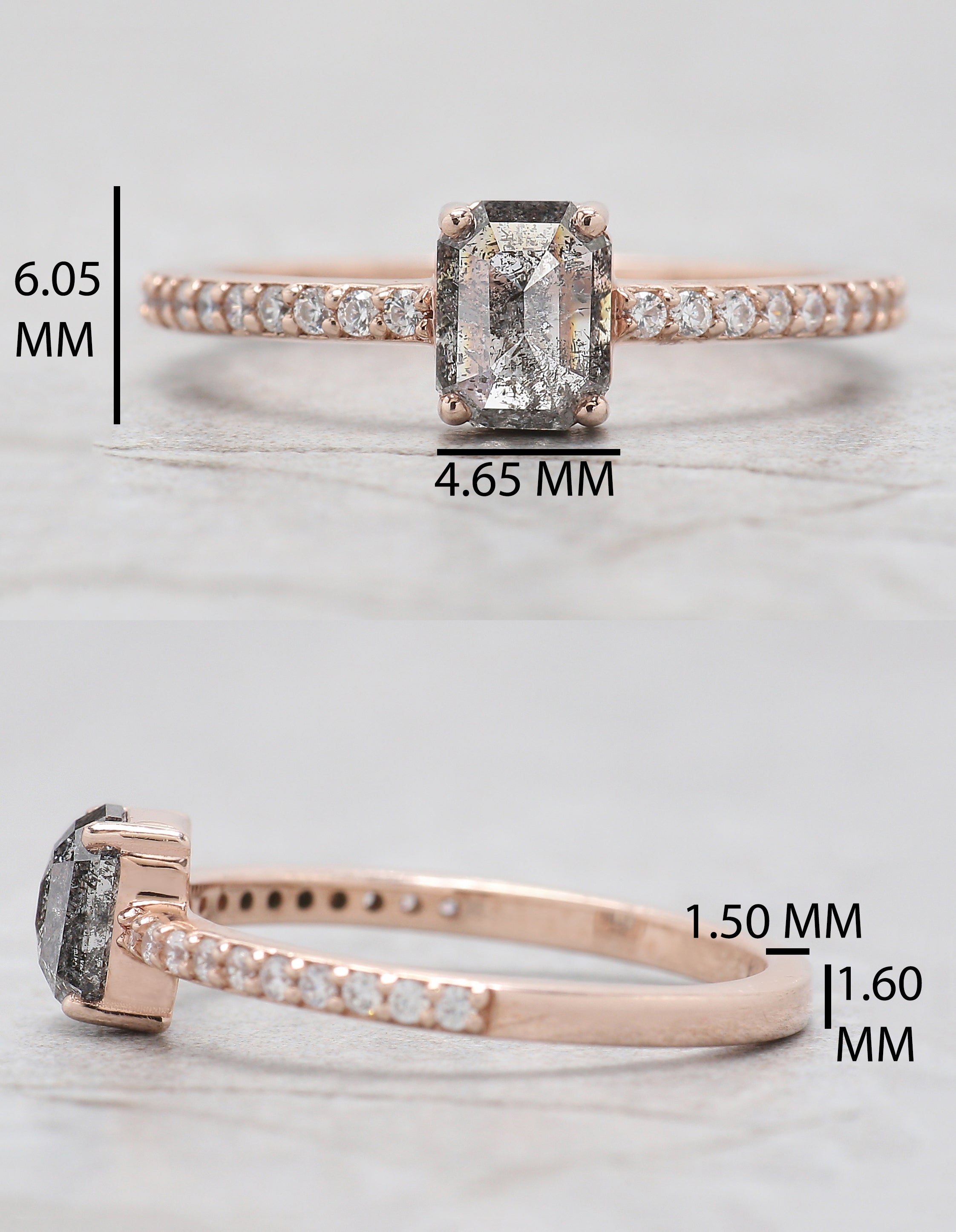 Emerald Cut Salt And Pepper Diamond Ring 0.75 Ct 5.95 MM Emerald Diamond Ring 14K Solid Rose Gold Silver Engagement Ring Gift For Her QL1100
