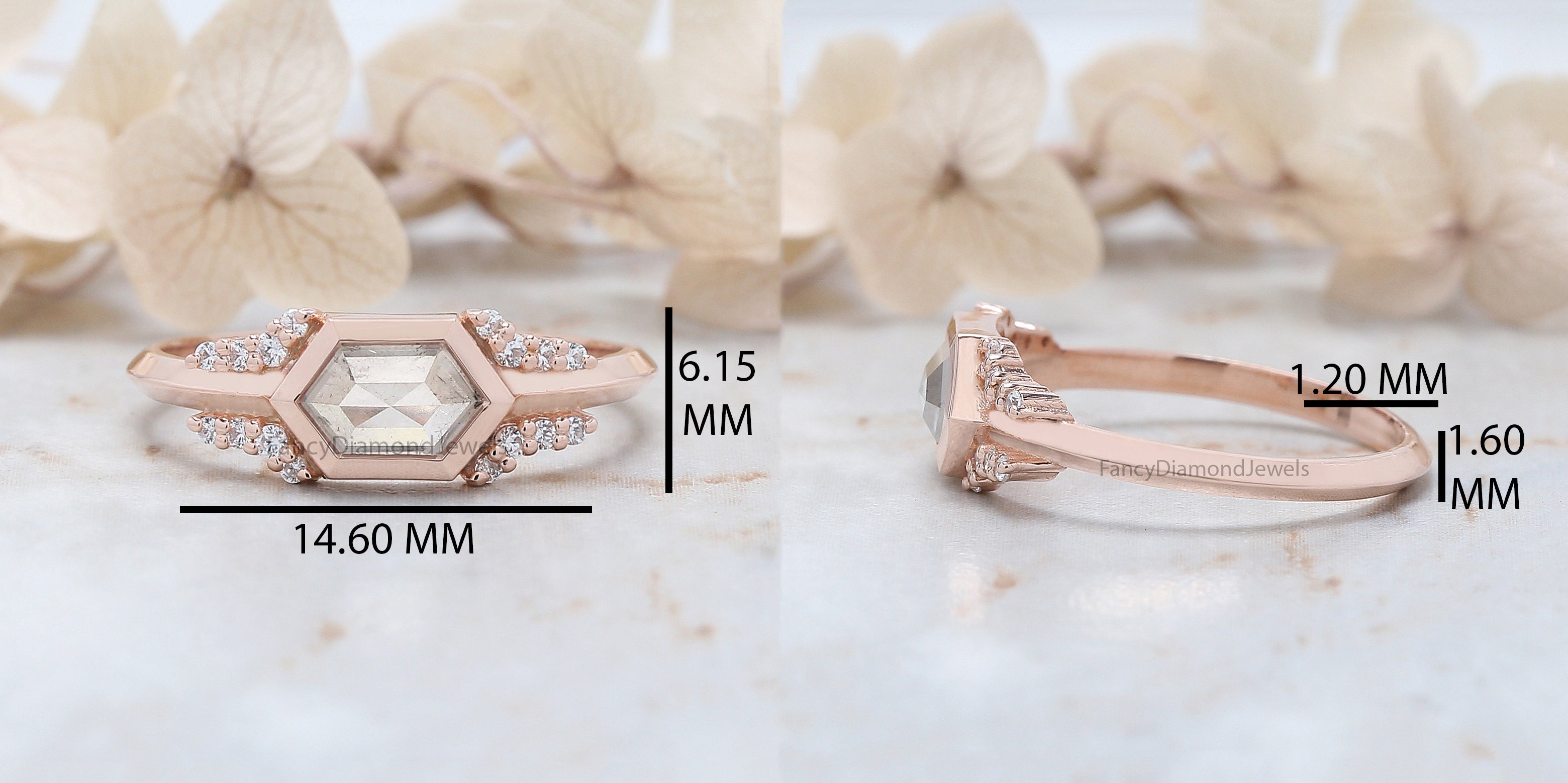 Hexagon Cut Grey Color Diamond Ring 0.88 Ct 7.25 MM Hexagon Shape Diamond Ring 14K Rose Gold Silver Engagement Ring Gift For Her QL212
