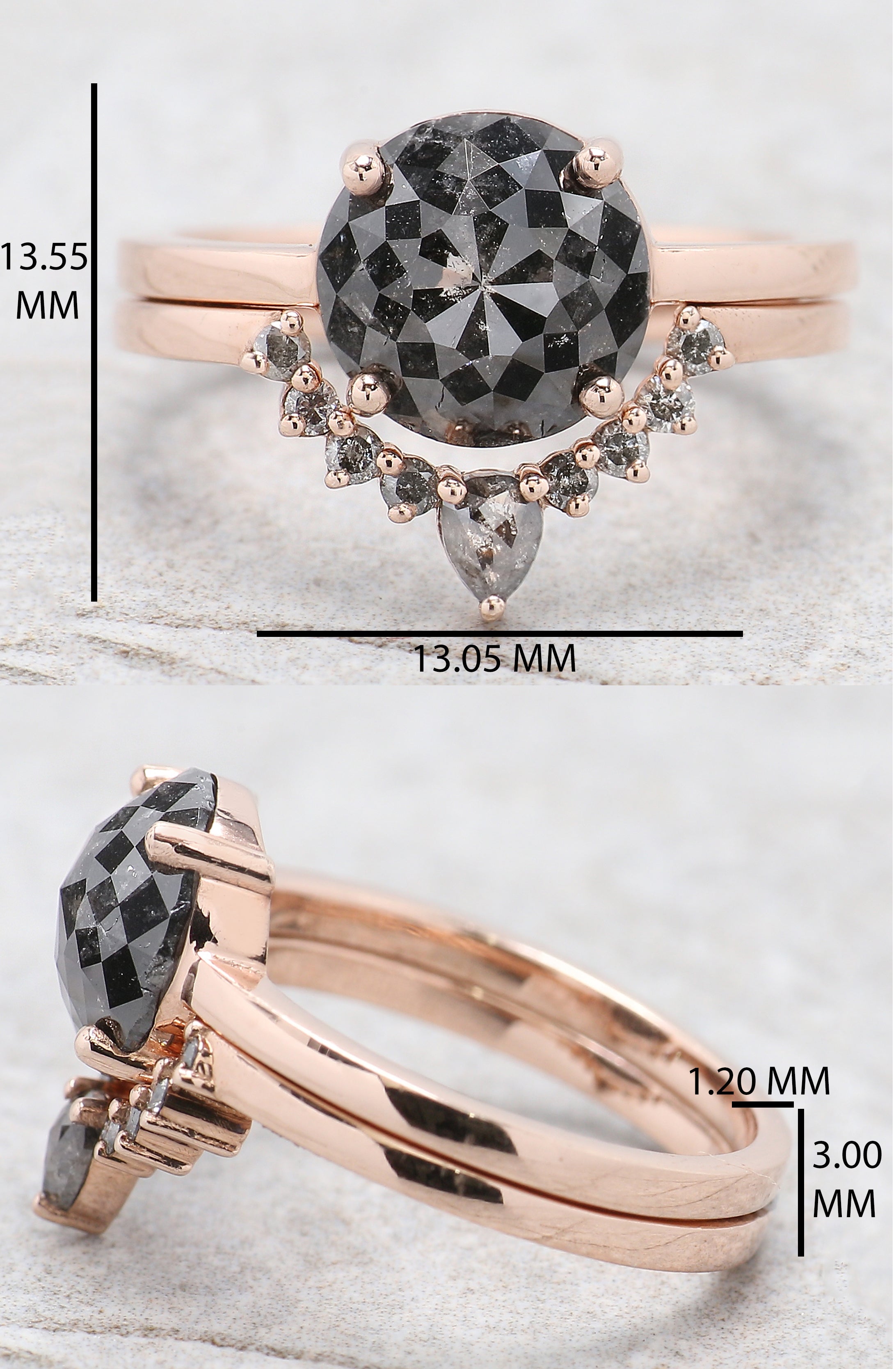 Round Rose Cut Salt And Pepper Diamond Ring 2.97 Ct 8.85 MM Round Diamond Ring 14K Solid Rose Gold Silver Engagement Ring Gift For Her QL064