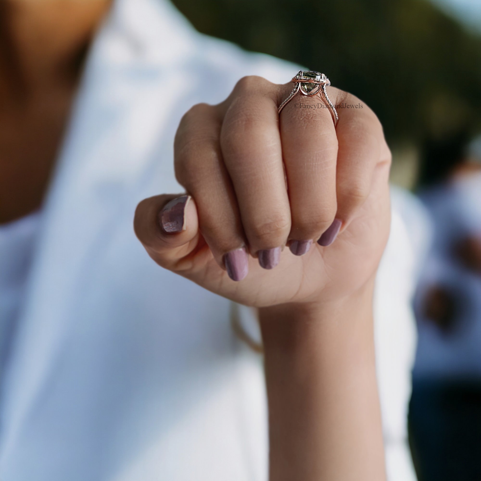 Cyan Blue Round Portuguese Cut Moissanite Ring - Rose Gold Halo Engagement Ring With Split Shank And Round Brilliant Cut Side Stones FD209