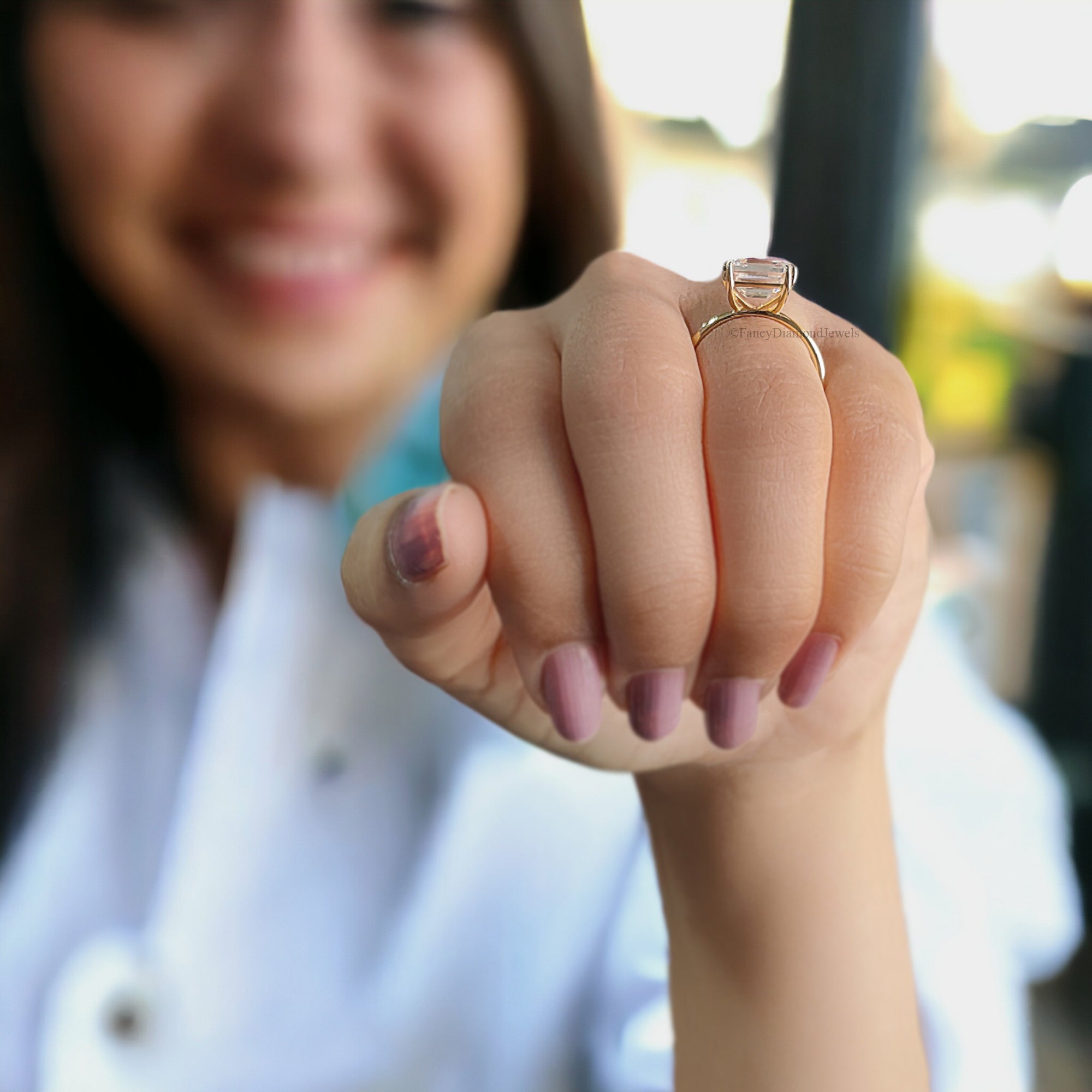 East To West Setting Ring Emerald Shape Engagement Ring Thin Band Solitaire Wedding Band Promise Ring 14K Yellow Gold Gift for Her FD127