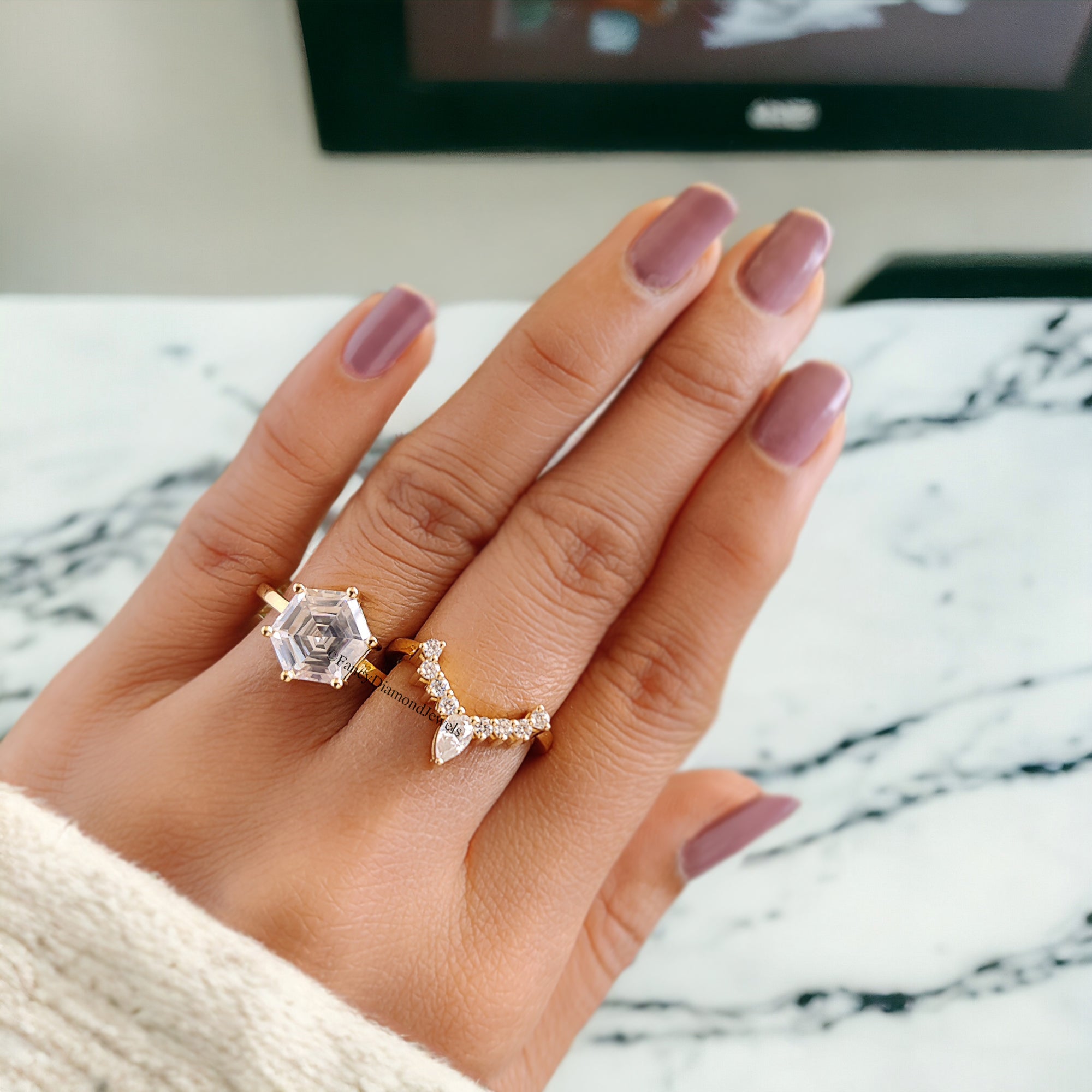 Vintage Moissanite Engagement Ring Set 3.00 CT Moissanite Ring Hexagon Yellow Gold Crown Ring Unique Stacking Ring Diamond Cluster Ring FD82