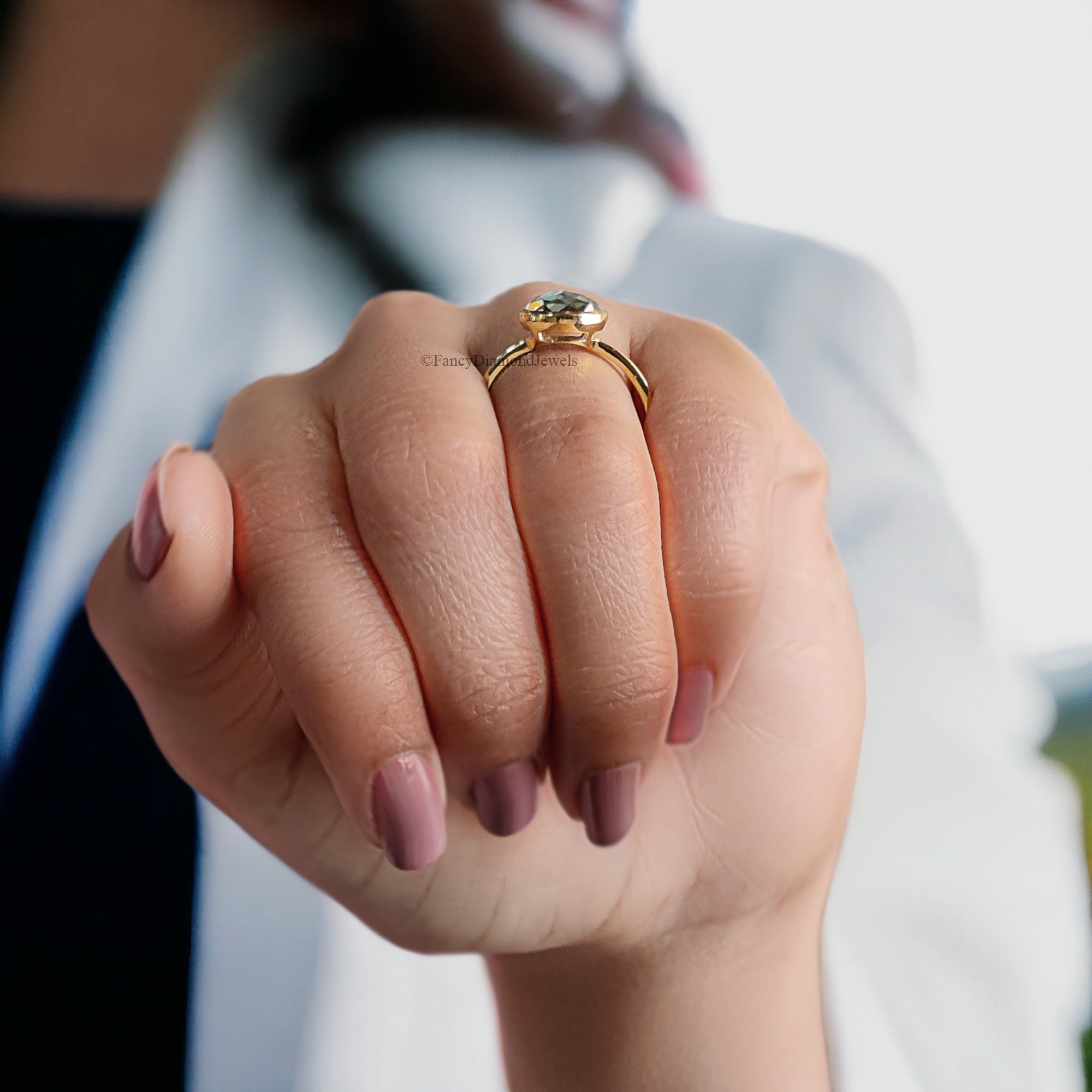 Round Rose Cut Moissanite Bezel Set Engagement Ring 2.35 ct Blue Green Moissanite Round Rose Cut Yellow Gold Silver Ring Gift For Her FD55