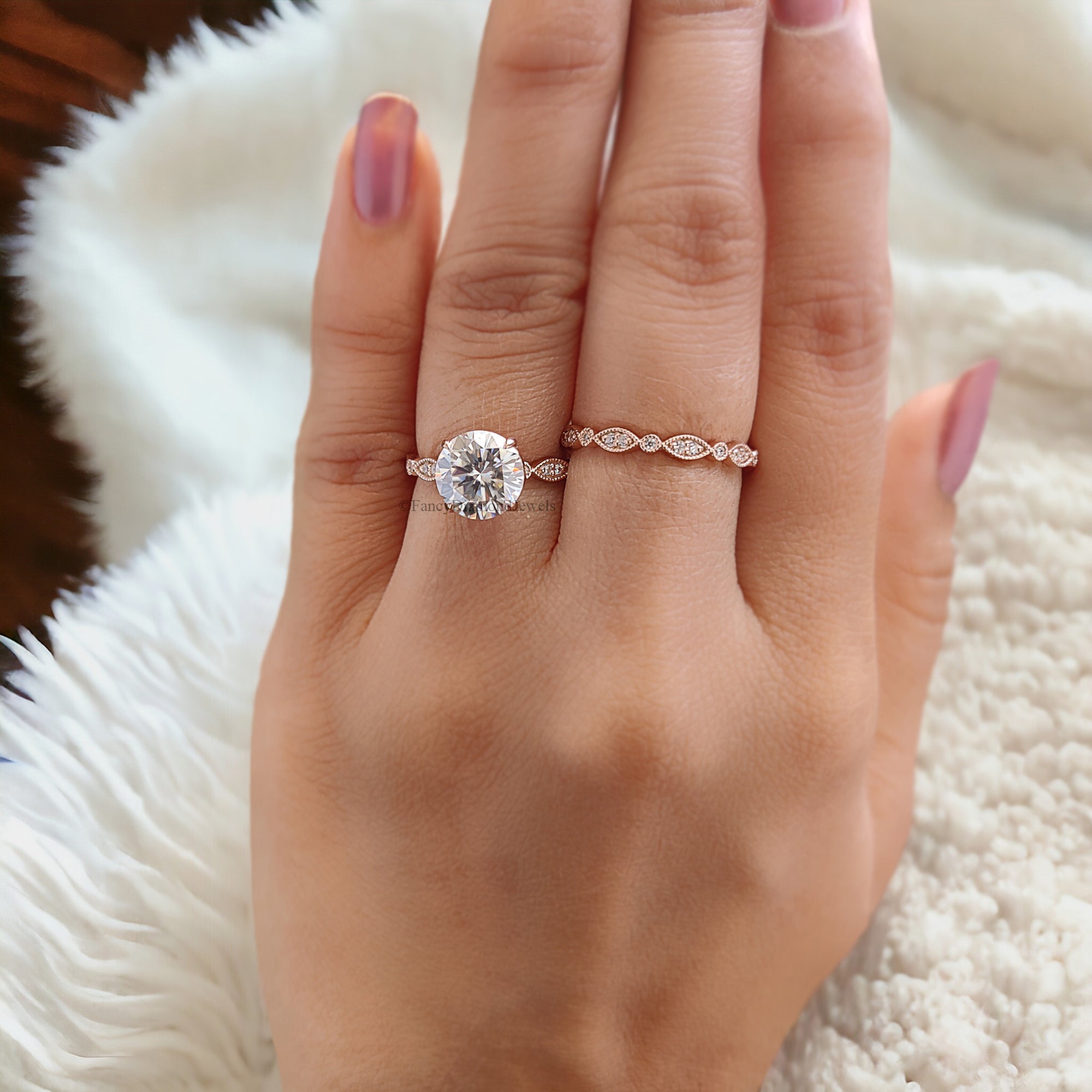 Wedding Ring Set Moissanite Rose Gold Engagement Ring Round 8.00 MM Moissanite Ring Diamond Milgrain Band Solitaire Ring Promise Ring FD130