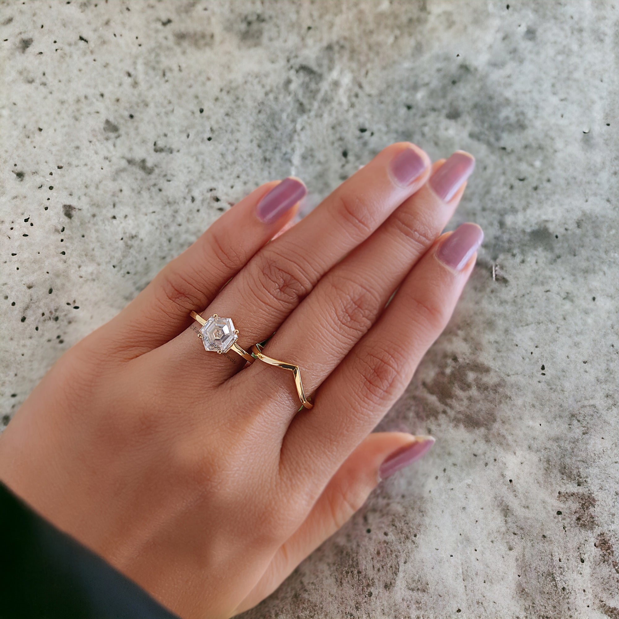 Hexagon Moissanite Bridal Ring Colorless Moissanite Wedding Ring Solid Gold Anniversary Band Solitaire Moissanite Engagement Ring Set FD165