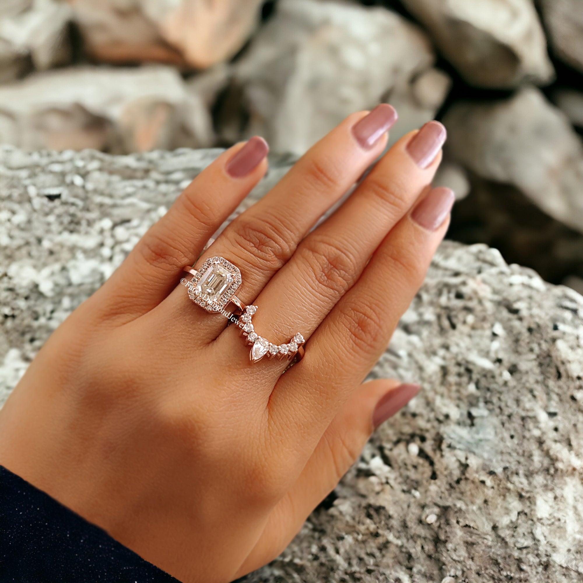 Vintage Moissanite Engagement Ring Set 1.85 CT Moissanite Ring Emerald Ring Rose Gold Ring Unique Stacking Ring Diamond Cluster Ring FD90