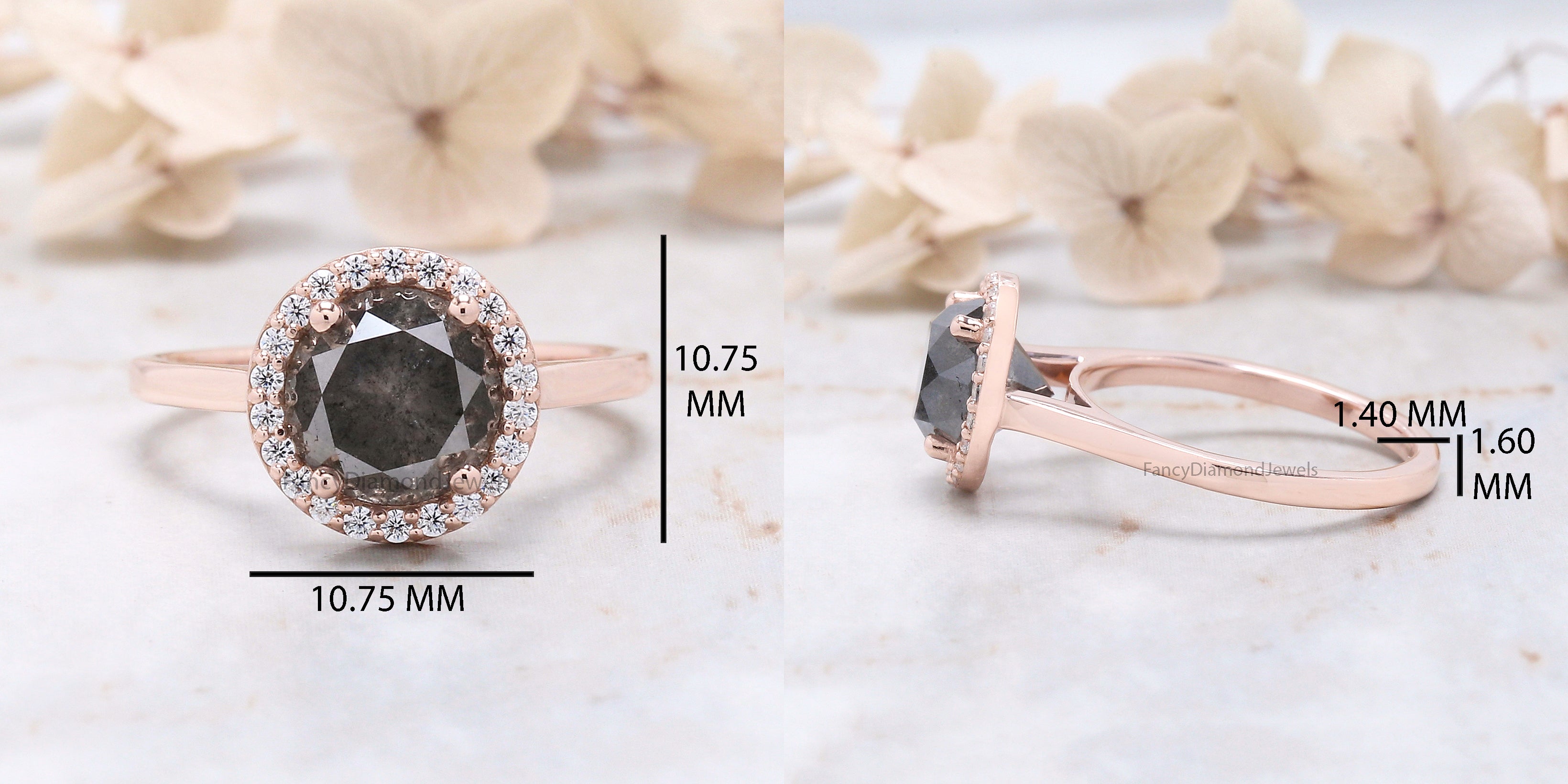 Round Cut Salt And Pepper Diamond Ring 2.68 Ct 7.80 MM Round Diamond Ring 14K Solid Rose Gold Silver Engagement Ring Gift For Her QK1989