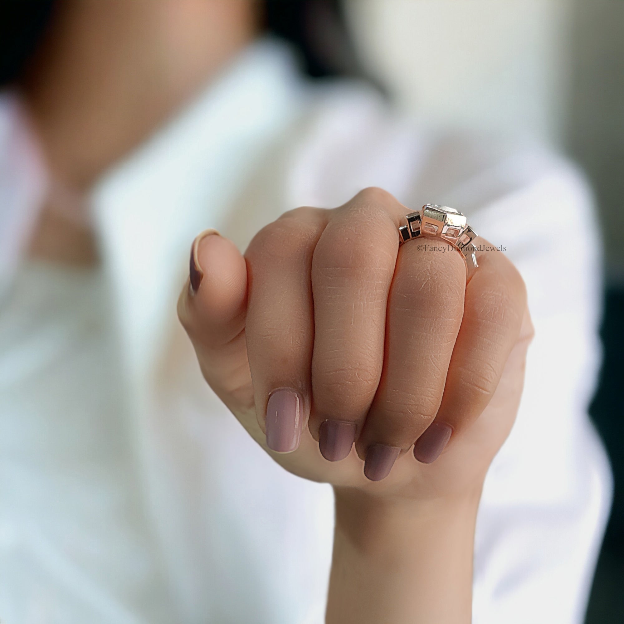 Hexagon Moissanite Engagement Ring Unique Rose Gold Engagement Ring Baguette Ring Bezel Set Art Deco Bridal Promise Anniversary Gift FD66