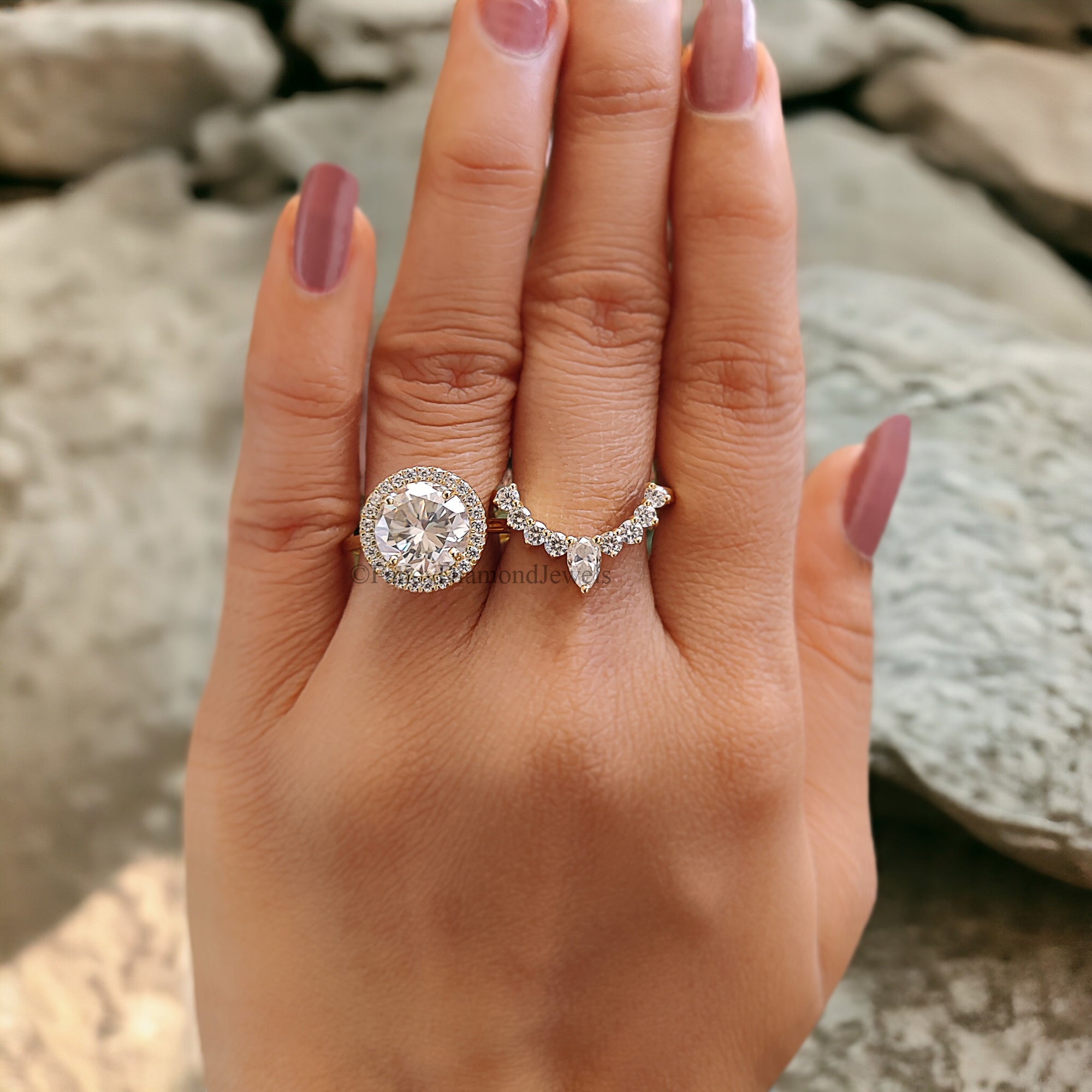 Vintage Moissanite Engagement Ring Set 2.65 CT Moissanite Ring Round Ring Yellow Gold Ring Unique Stacking Ring Diamond Cluster Ring FD148