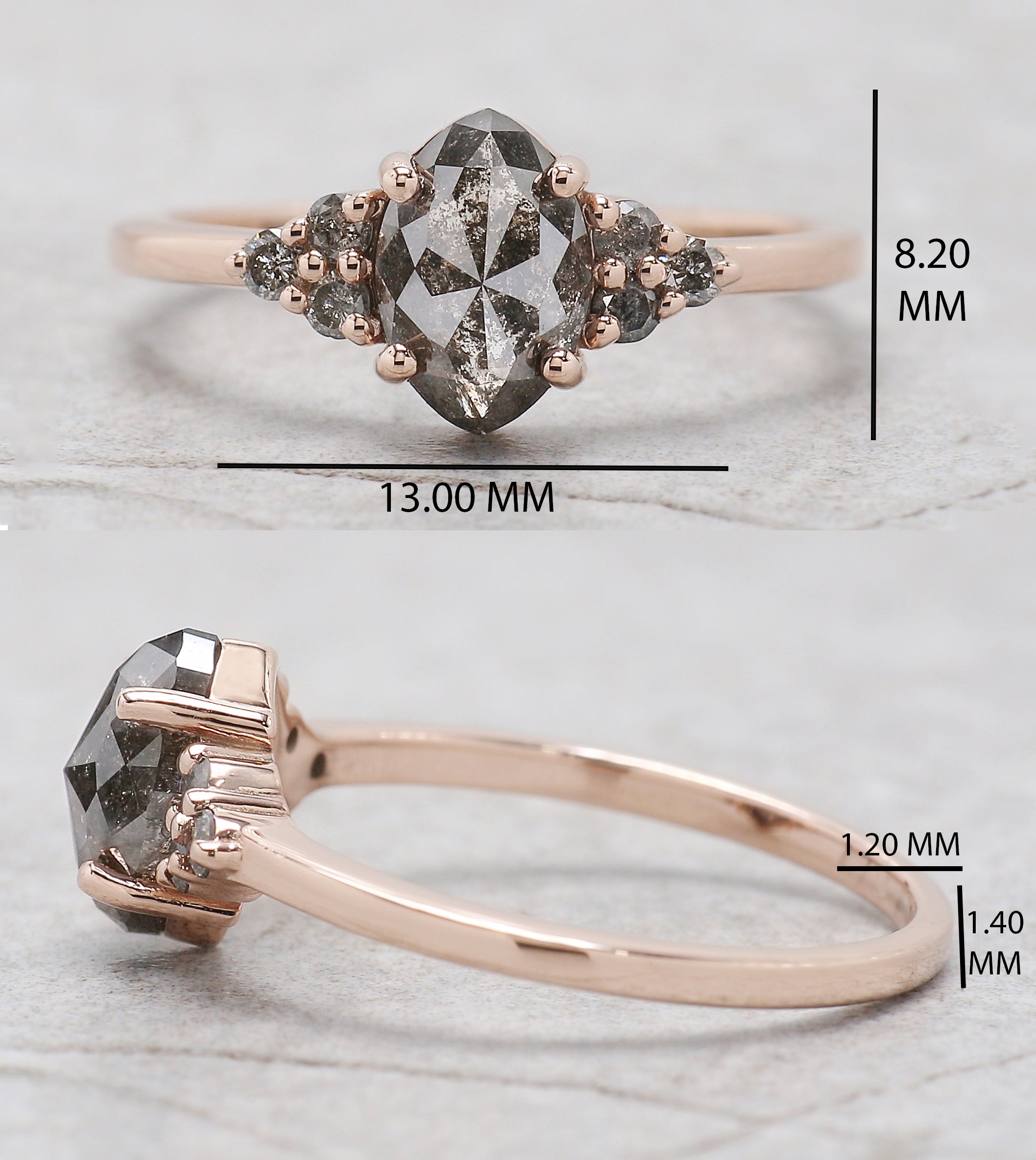 Marquise Cut Salt And Pepper Diamond Ring 1.36 Ct 8.00 MM Marquise Diamond Ring 14K Solid Rose Gold Engagement Ring Gift For Her KDL3474
