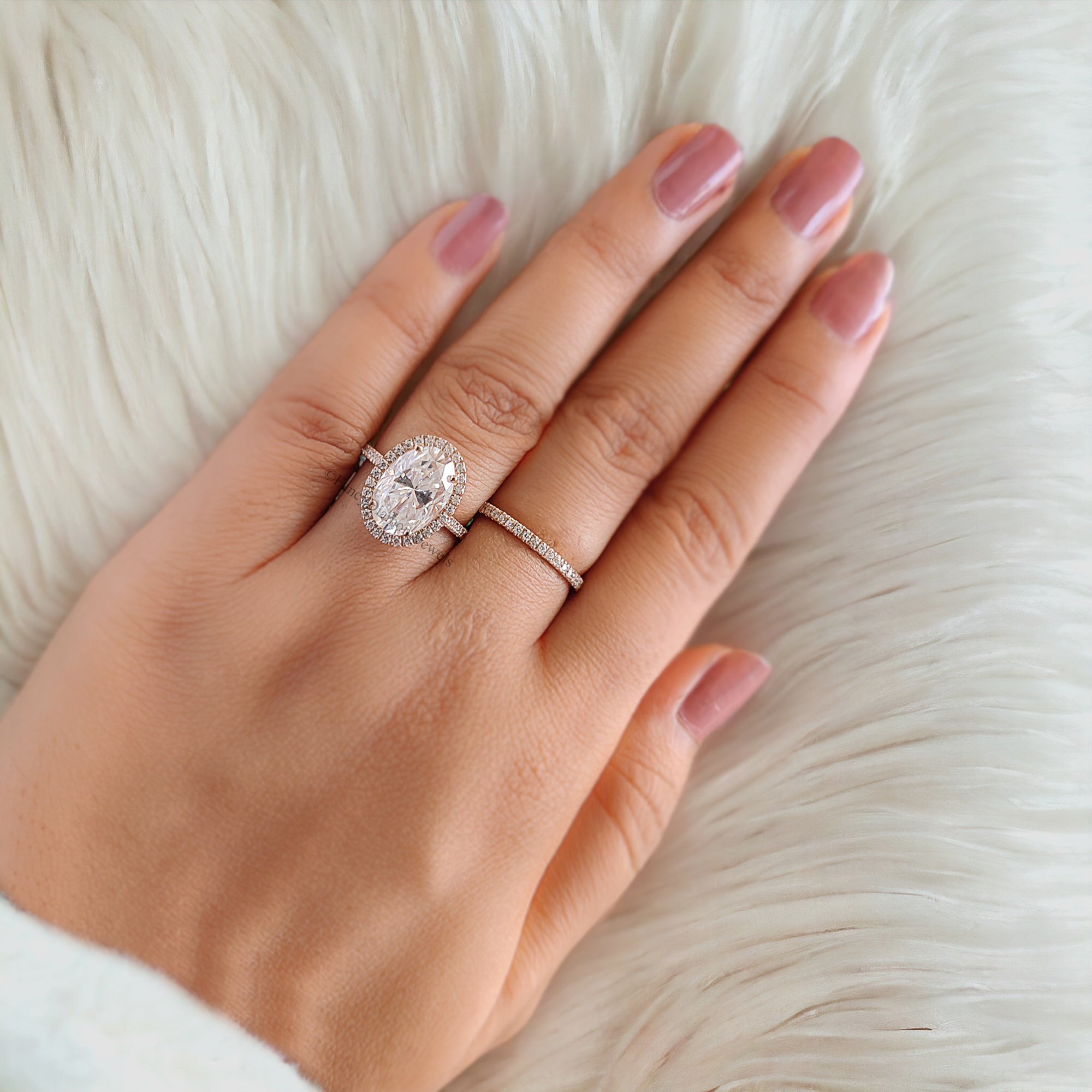 Oval Moissanite Engagement Ring Rose Gold Moissanite And Diamond Halo Ring Diamond Half Eternity Band Moissanite Bridal Ring Set FD134