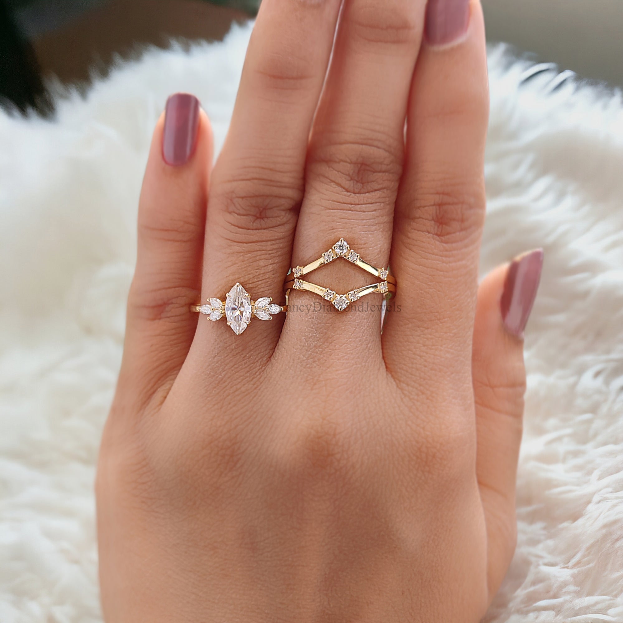 3PCS Marquise Moissanite Engagement Ring Set Unique Cluster Engagement Ring Yellow Gold Vintage Swist Ring Bridal Anniversary Ring FD122