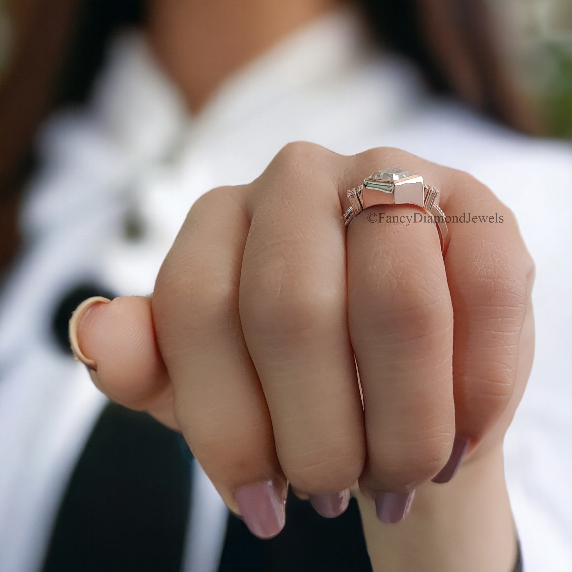 Kite Cut Moissanite Bridal Ring Colorless Moissanite Wedding Ring Bezel Set Moissanite Proposal Ring Milgrain Work Engagement Ring FD51