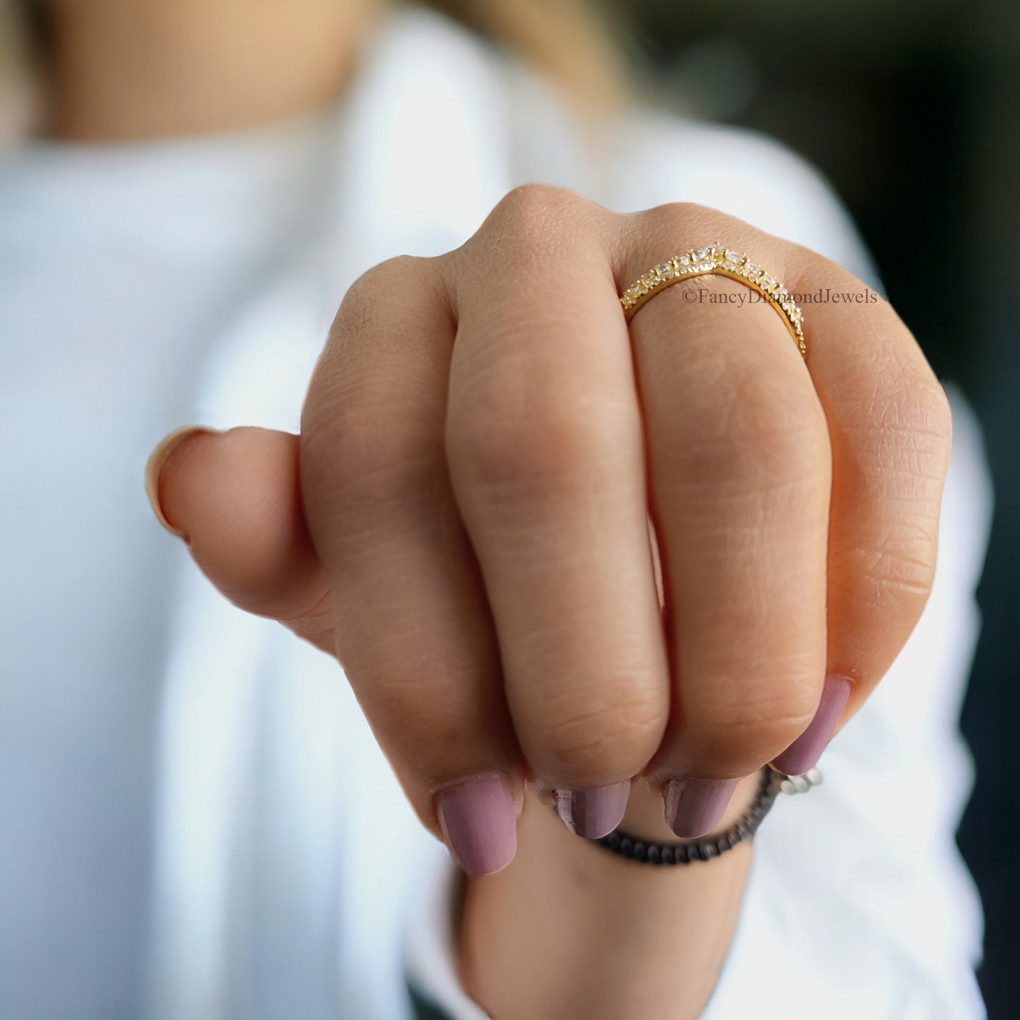 Vintage Diamond wedding band Yellow gold Round cut moissanite matching band Stacking Band curved wedding band Unique Anniversary ring FD41