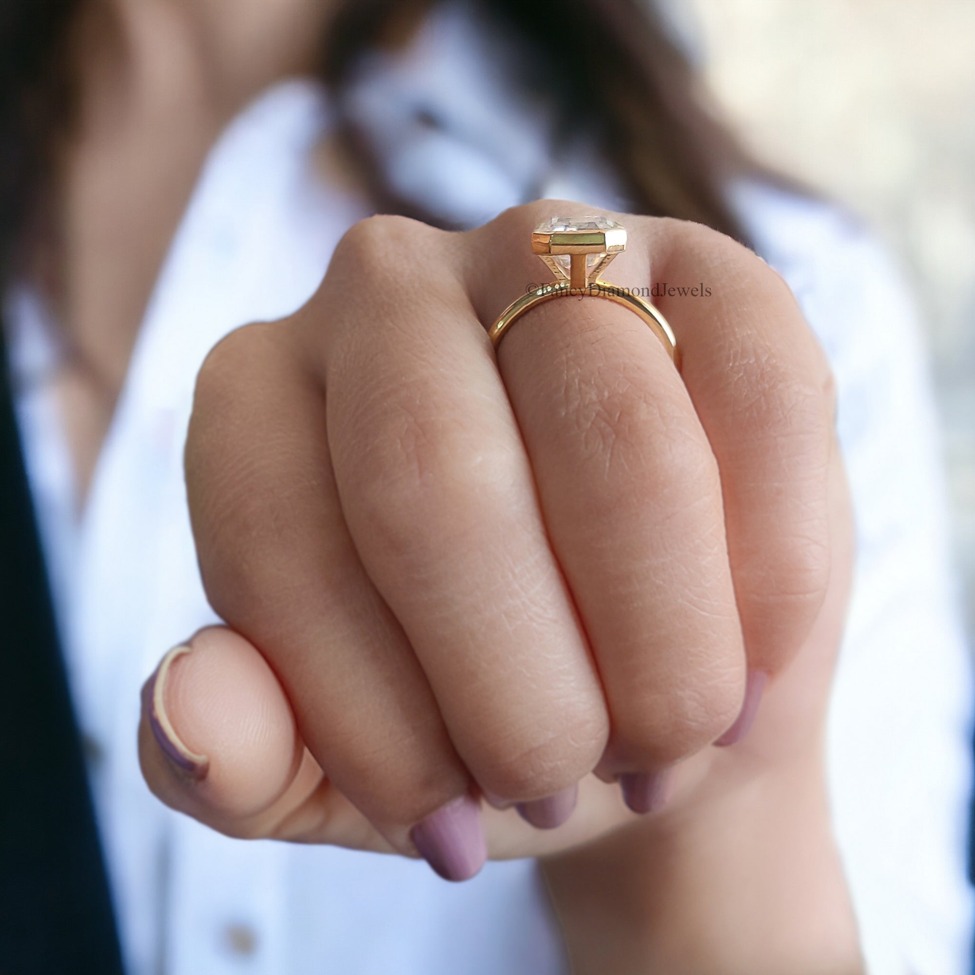 2.5 CT Emerald Cut Moissanite Solitaire Ring 14K Yellow Gold Engagement Ring Bezel Setting Statement Ring Gift For Her Anniversary Ring FD48