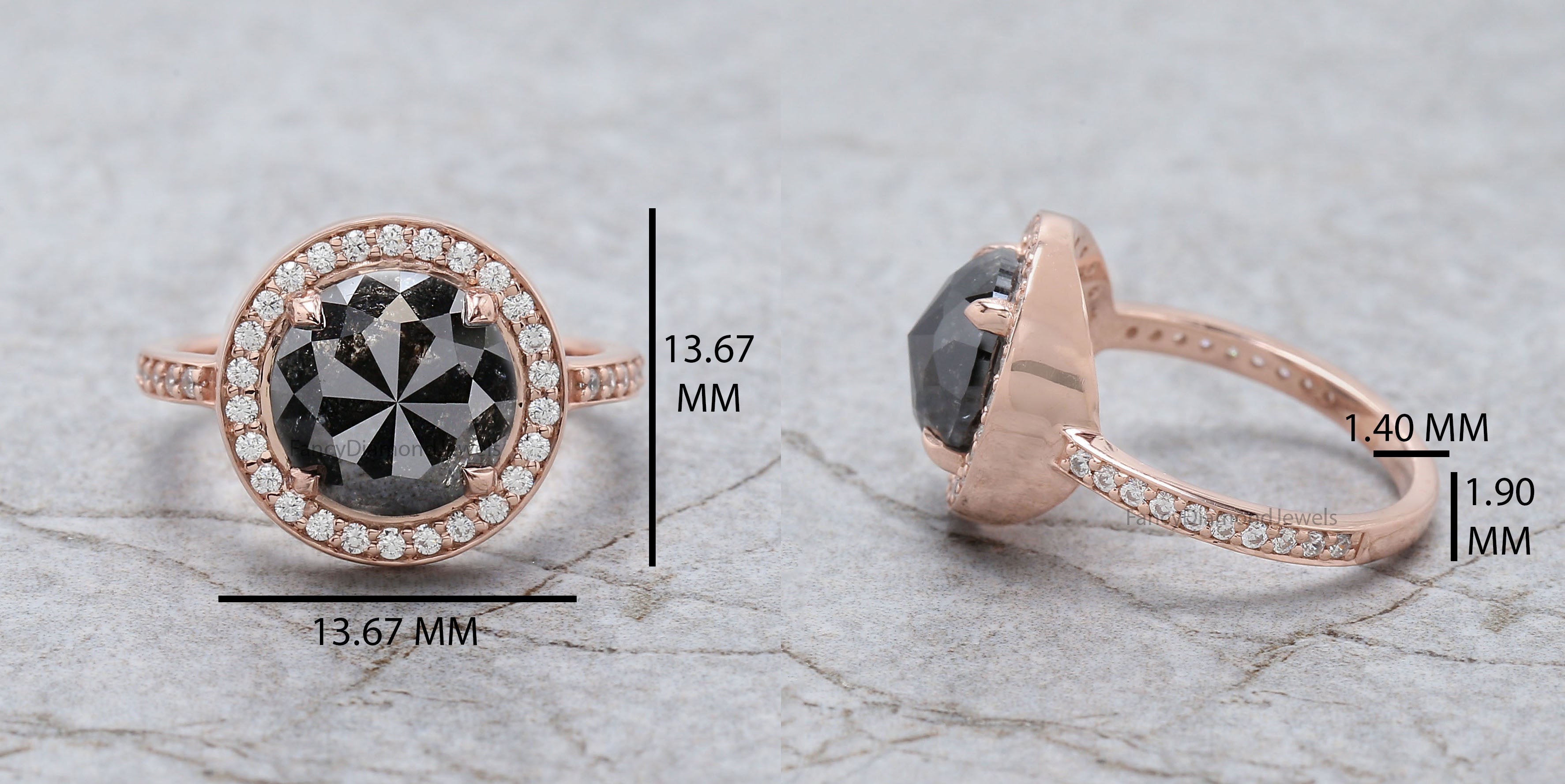 Round Rose Cut Salt And Pepper Diamond Ring 3.60 Ct 9.29 MM Round Diamond Ring 14K Rose Gold Silver Engagement Ring Gift For Her QL2130