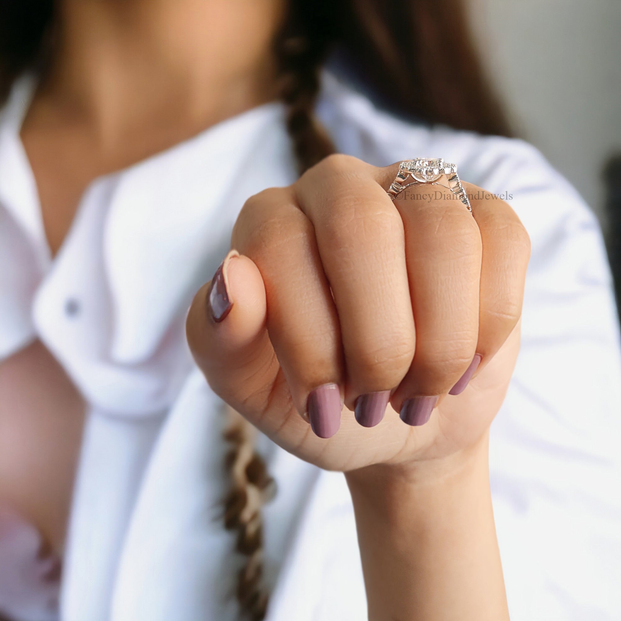 Round Cut Moissanite Engagement Ring Halo Milgrain Engagement Ring Handmade Jewelry White Gold Wedding Ring Surprise Gifts for Her FD124