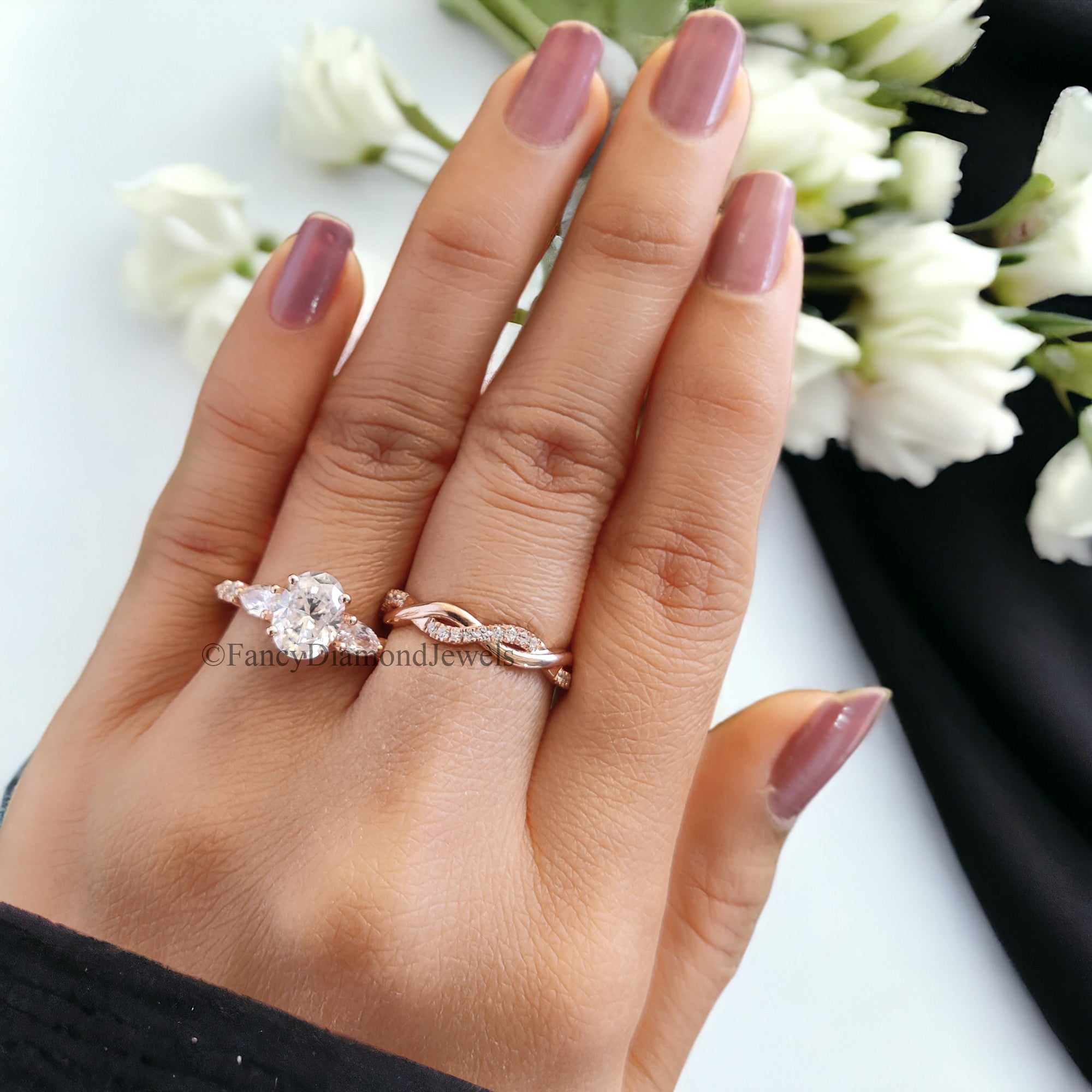 Oval cut Moissanite Engagement ring set Vintage Moissanite ring Rose Gold Curved Diamond ring Twisted band Bridal set Promise ring FD45