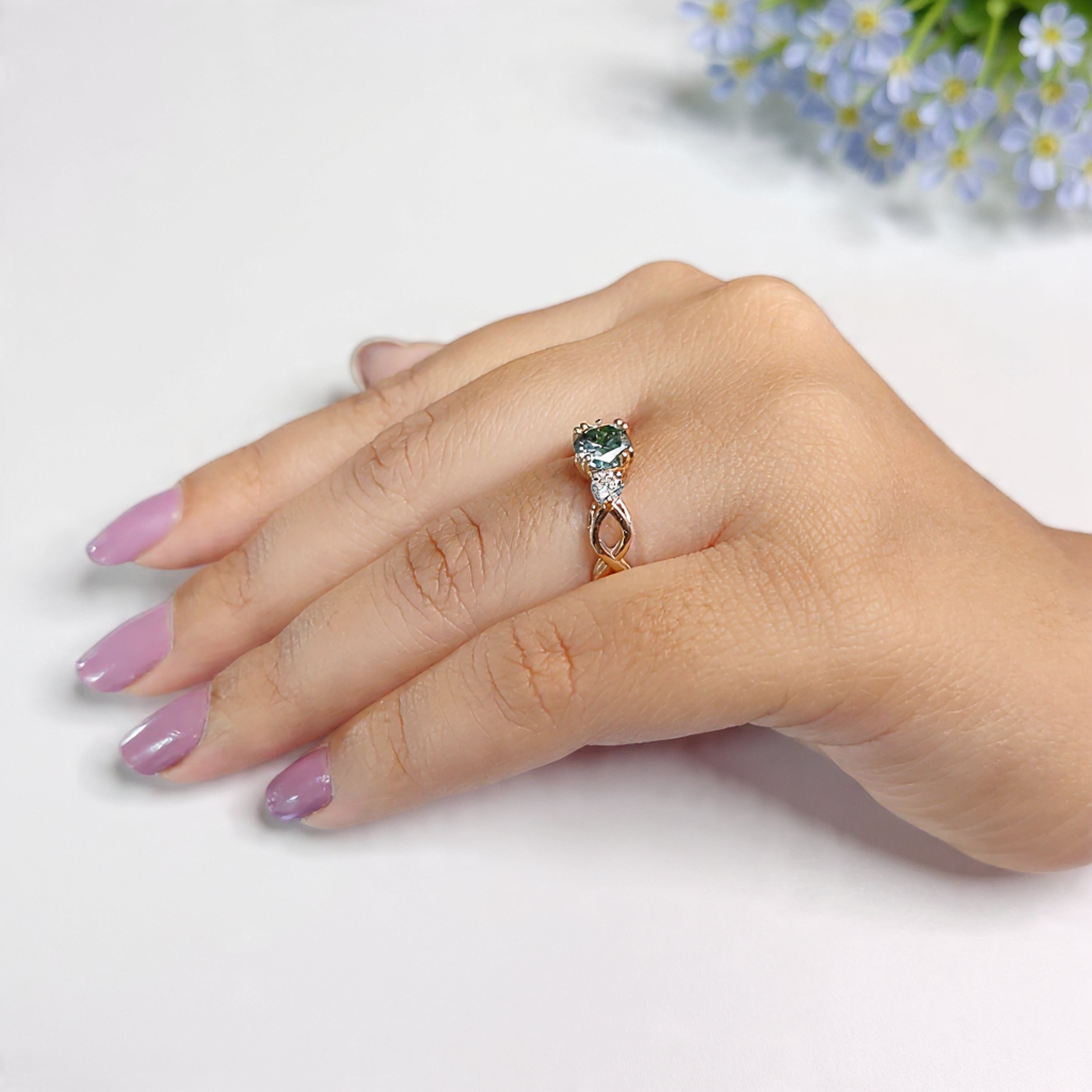 Cushion Cut Green Moissanite Engagement Ring 14K Solid Gold Ring Double Prong Set Ring Cushion Moissanite Wedding Ring Gift For Her FD467