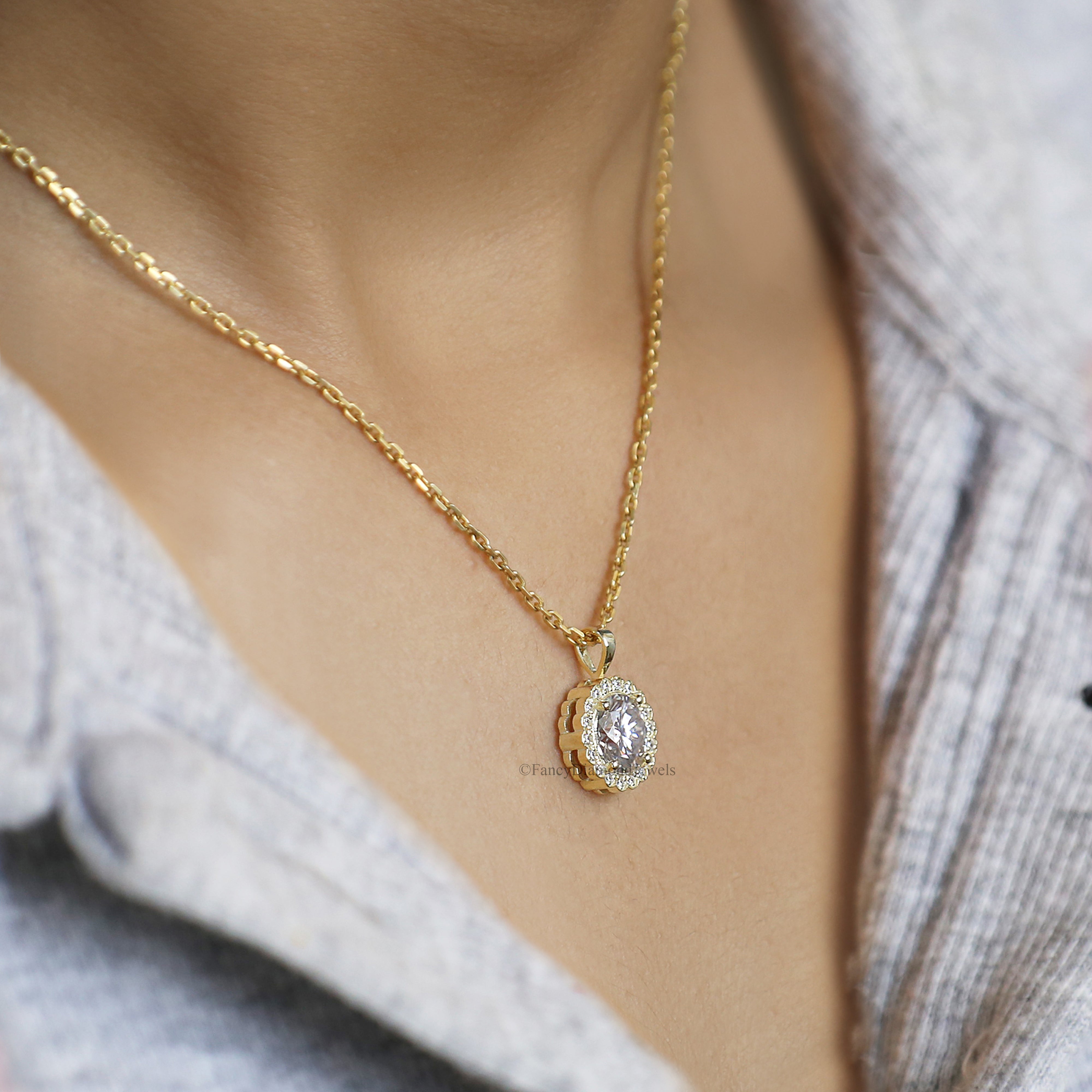 Yellow Gold Halo Pendant Necklace for Women Round Cut Pendant Necklace with Moissanite Stones Necklace for Teen Girls and Women FD189